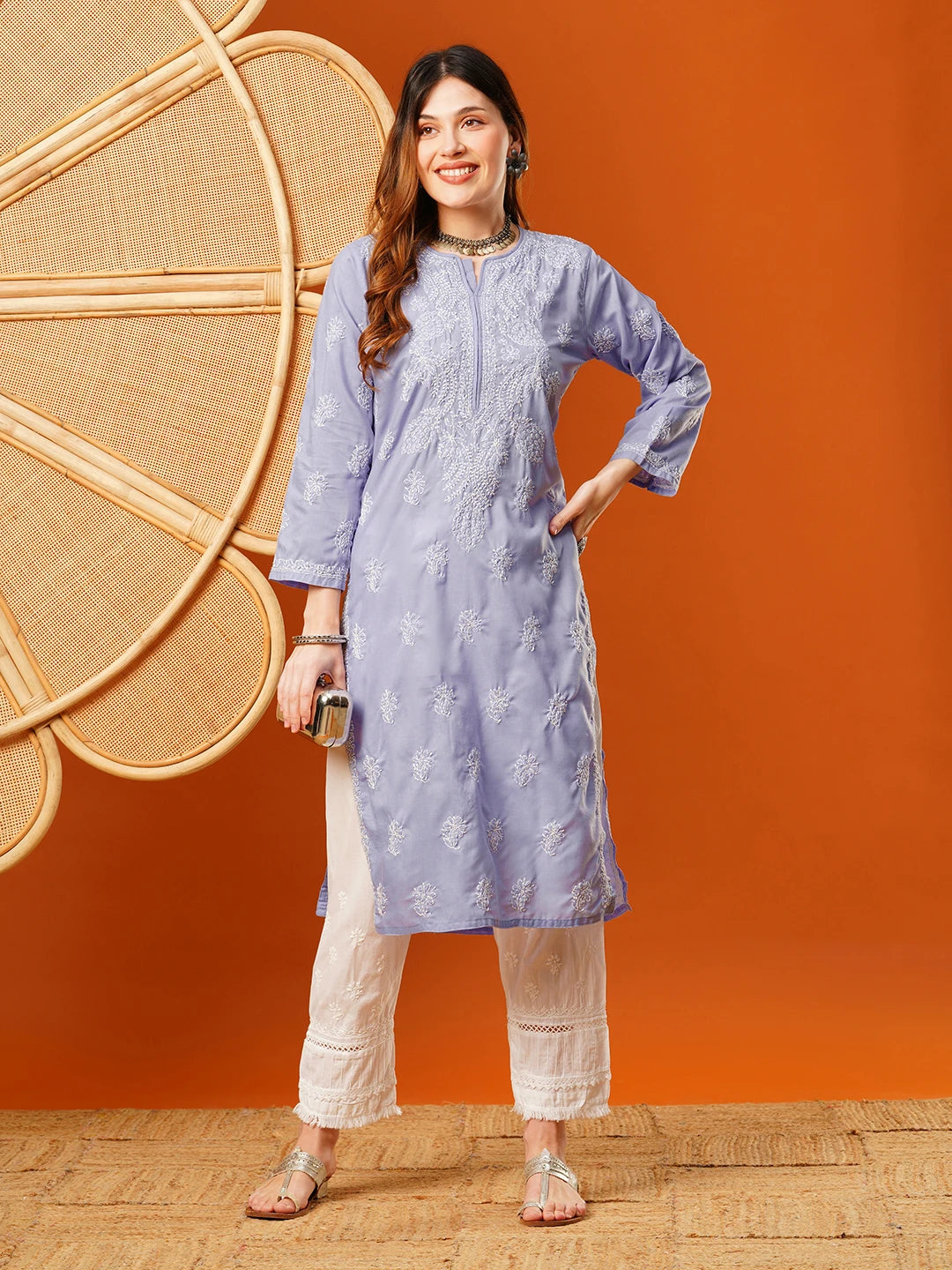 Ada Hand Embroidered Mauve Cotton Lucknow Chikankari Straight Kurta A411602