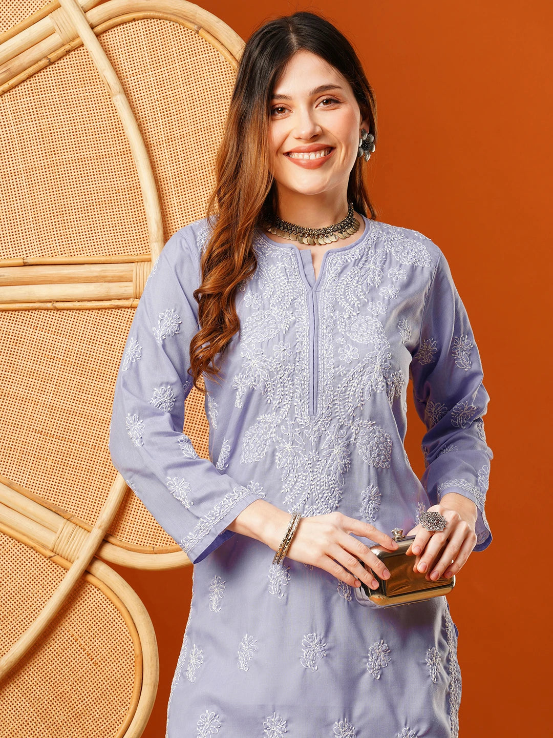 Ada Hand Embroidered Mauve Cotton Lucknow Chikankari Straight Kurta A411602