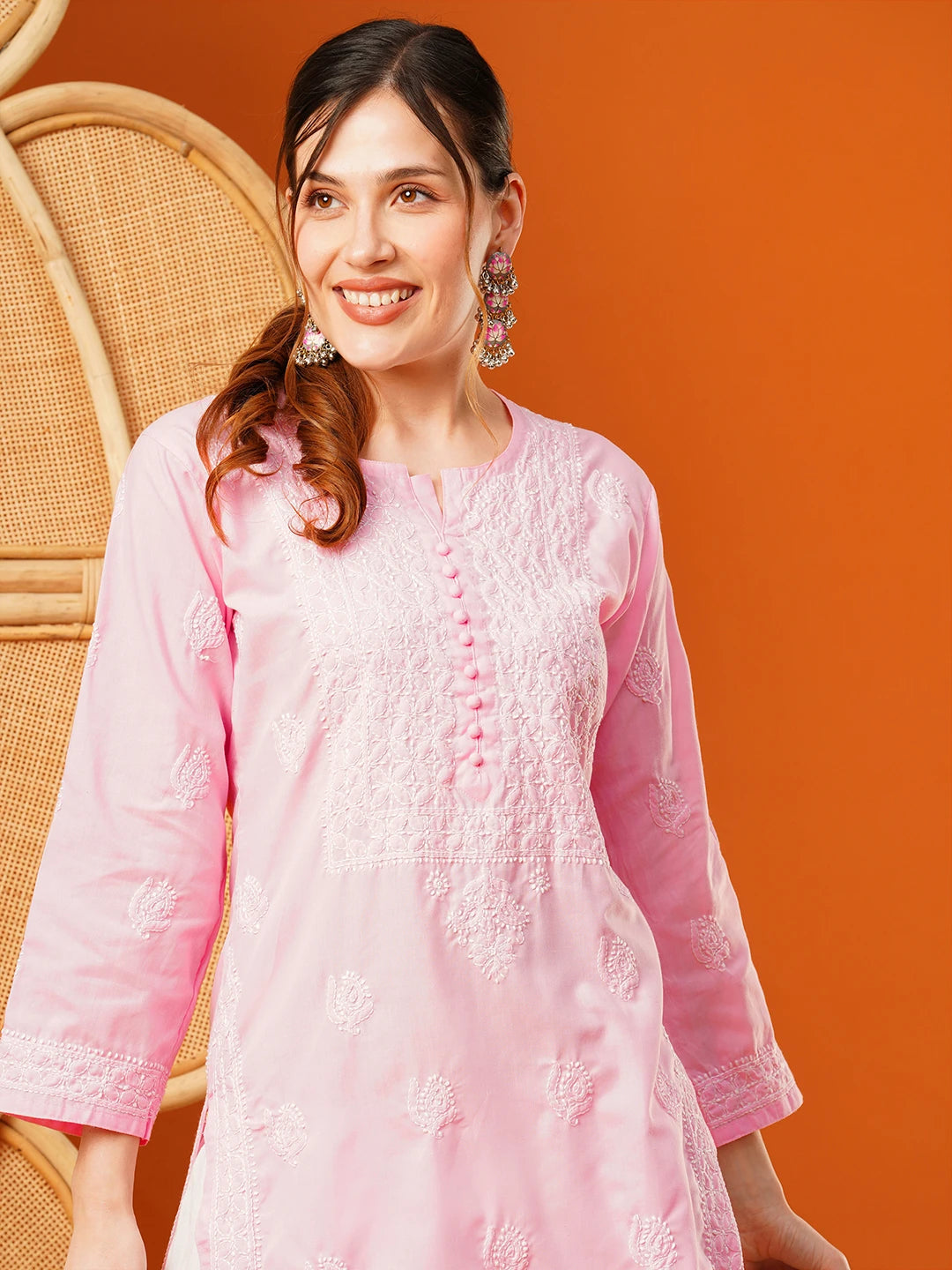 Ada Hand Embroidered Pink cotton Lucknowi Chikankari Straight Kurta A411596