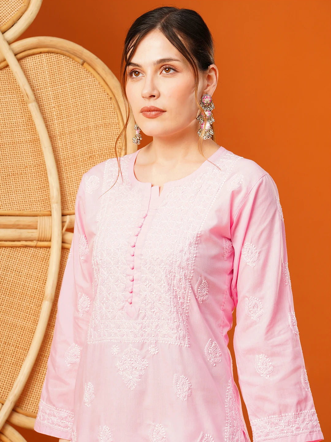 Ada Hand Embroidered Pink cotton Lucknowi Chikankari Straight Kurta A411596