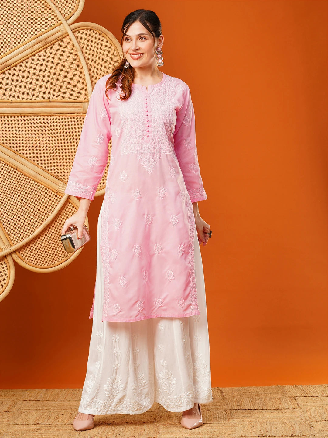 Ada Hand Embroidered Pink cotton Lucknowi Chikankari Straight Kurta A411596