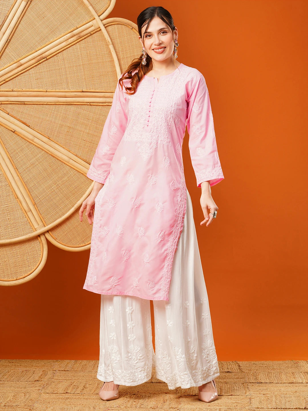 Ada Hand Embroidered Pink cotton Lucknowi Chikankari Straight Kurta A411596