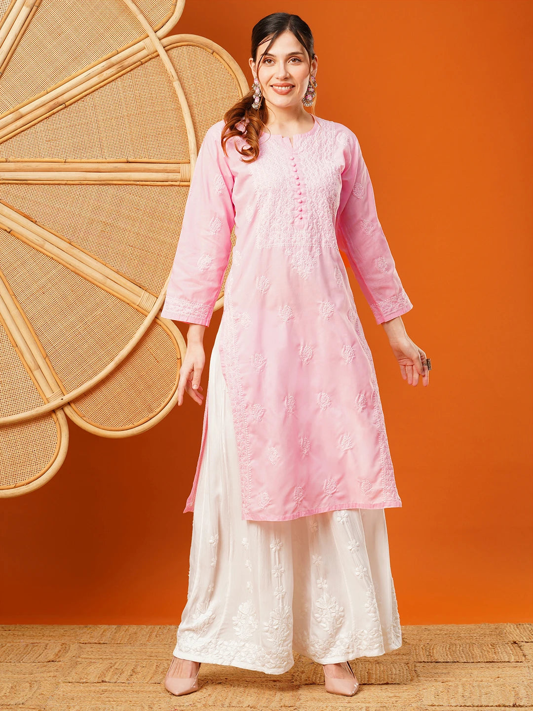 Ada Hand Embroidered Pink cotton Lucknowi Chikankari Straight Kurta A411596
