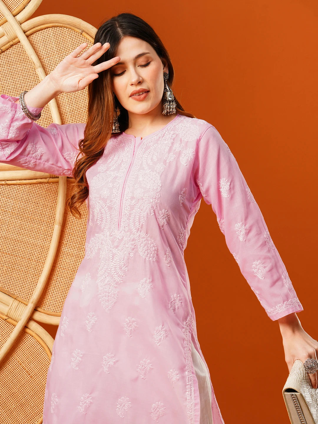 Ada Hand Embroidered Pink Cotton Lucknowi Chikankari Straight Kurta A411605