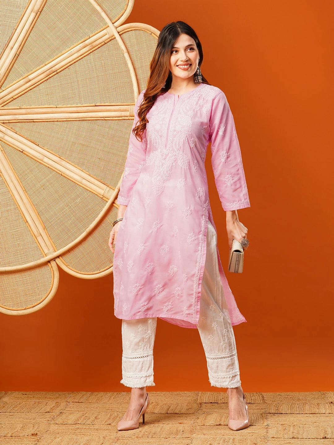 Ada Hand Embroidered Pink Cotton Lucknowi Chikankari Straight Kurta A411605