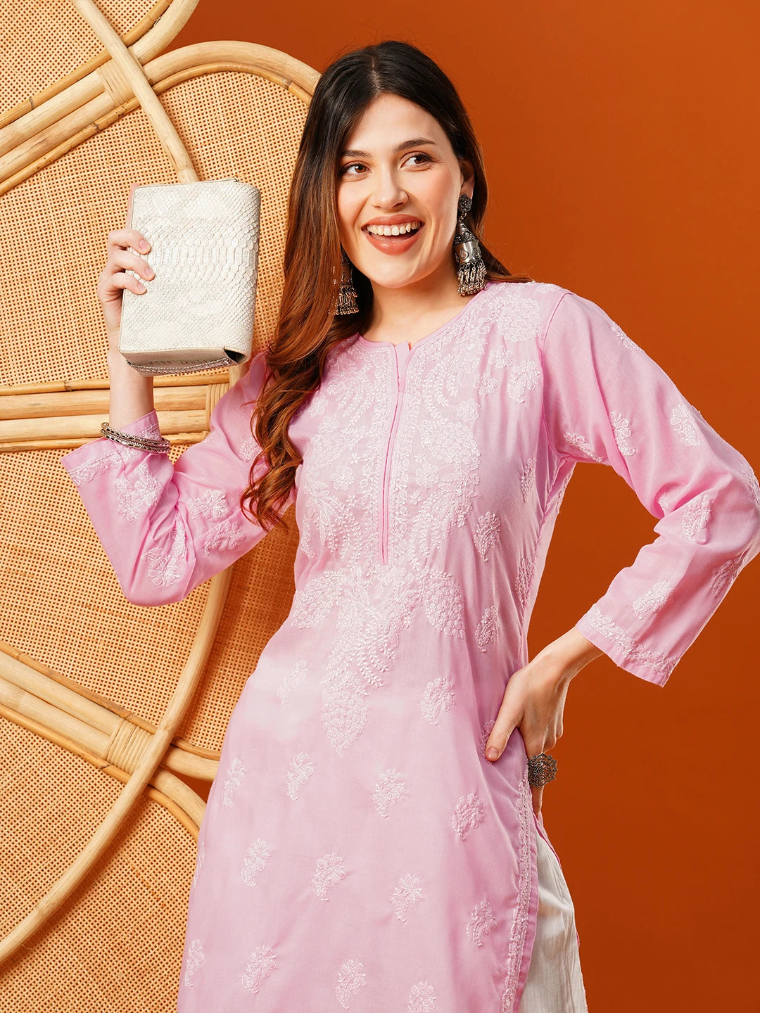 Ada Hand Embroidered Pink Cotton Lucknowi Chikankari Straight Kurta A411605