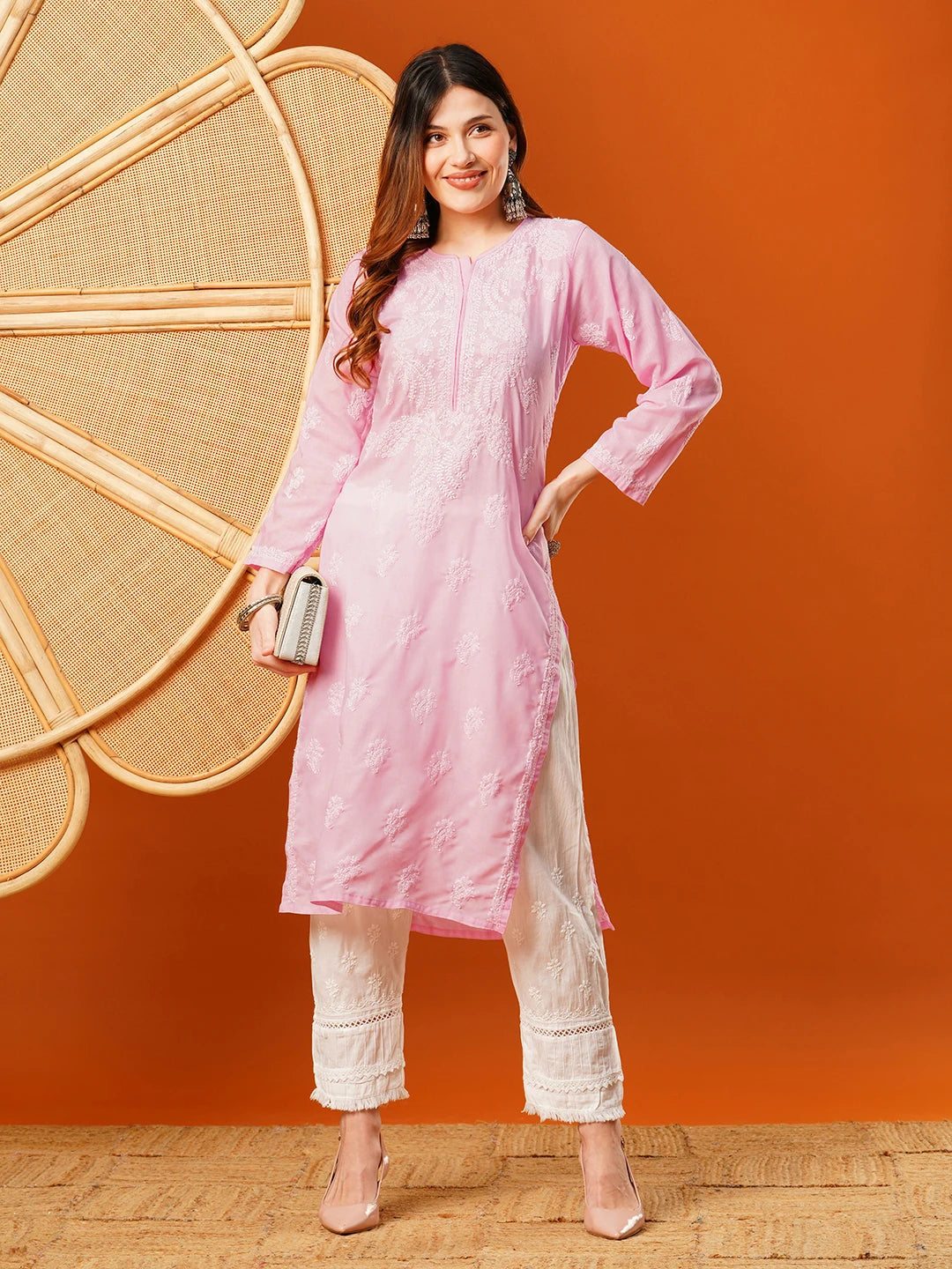 Ada Hand Embroidered Pink Cotton Lucknowi Chikankari Straight Kurta A411605