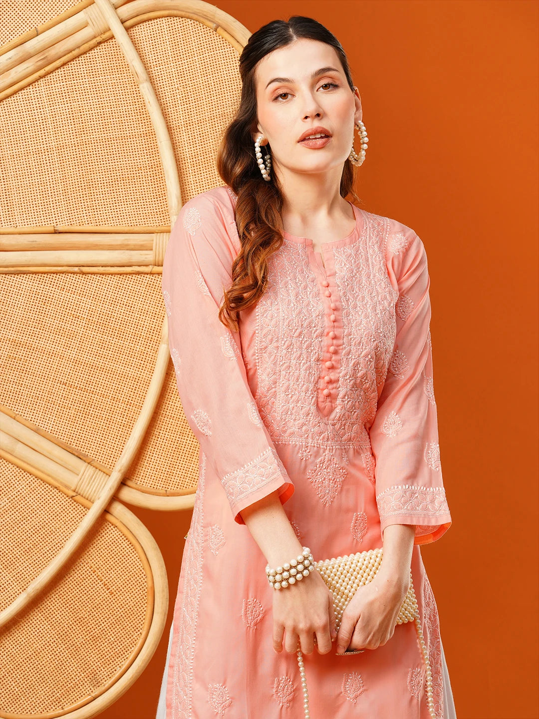 Ada Hand Embroidered Peach cotton Lucknowi Chikankari Straight Kurta A411592