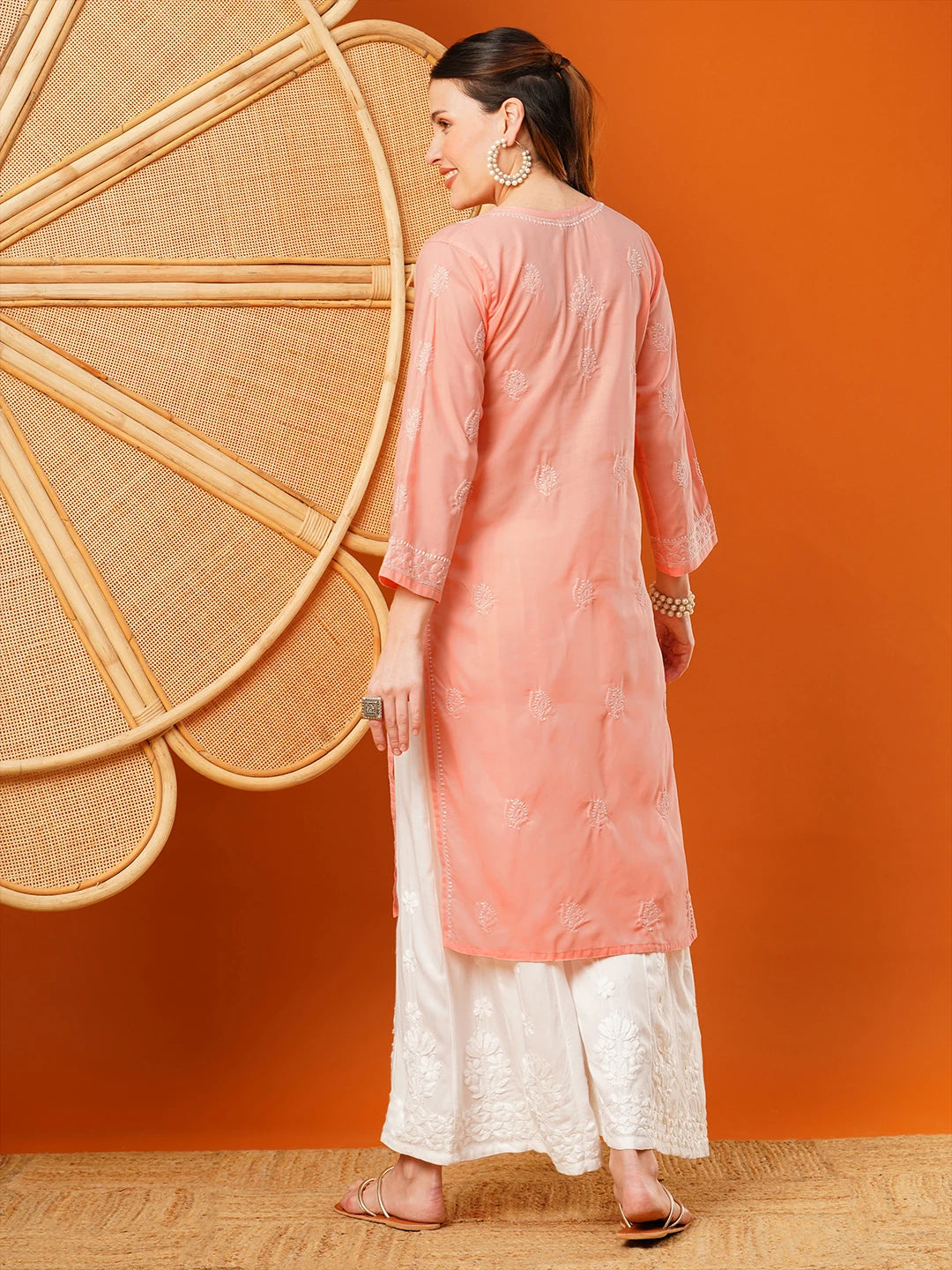Ada Hand Embroidered Peach cotton Lucknowi Chikankari Straight Kurta A411592