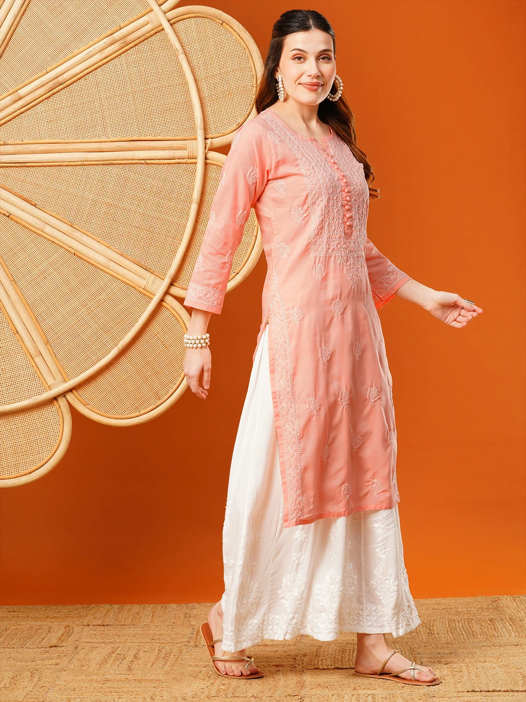 Ada Hand Embroidered Peach cotton Lucknowi Chikankari Straight Kurta A411592