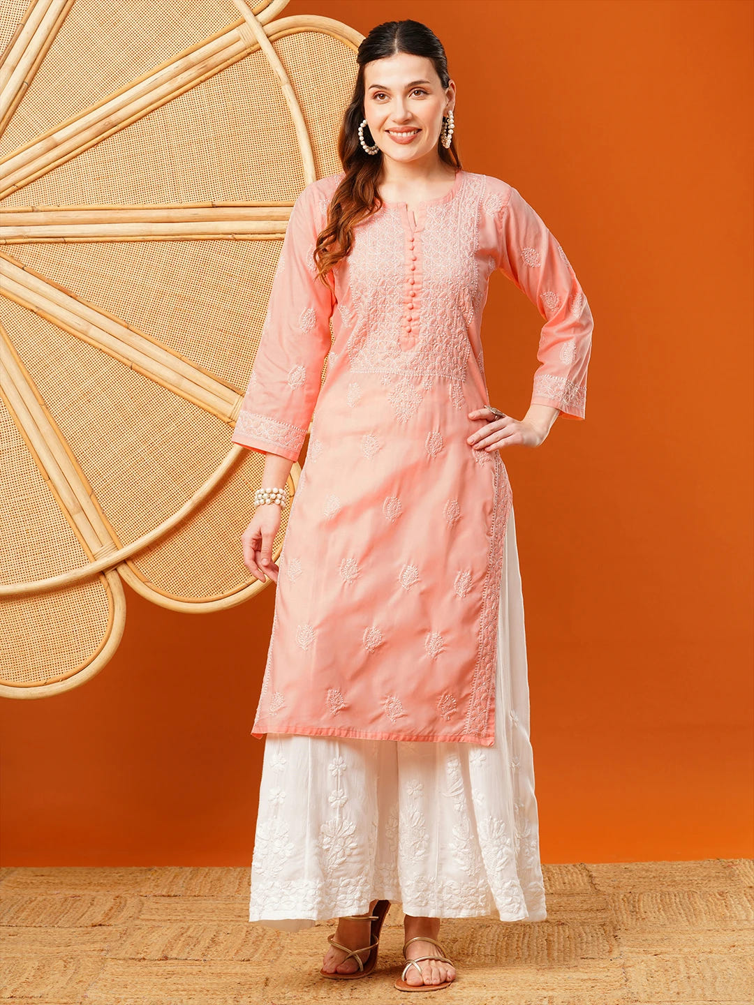 Ada Hand Embroidered Peach cotton Lucknowi Chikankari Straight Kurta A411592