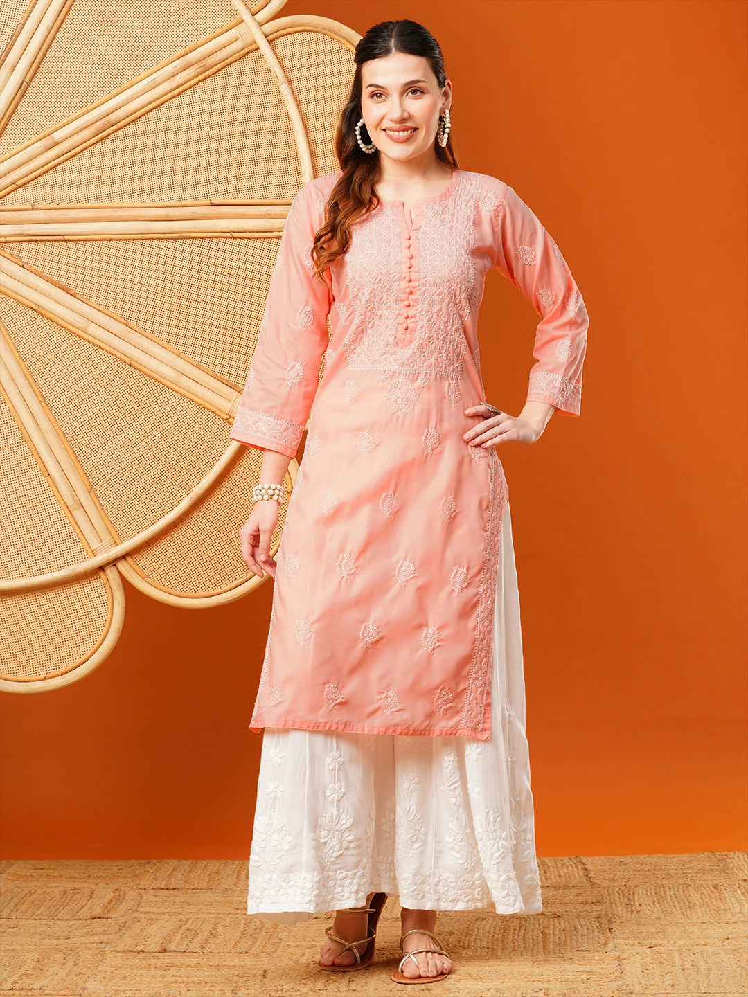 Ada Hand Embroidered Peach cotton Lucknowi Chikankari Straight Kurta A411592
