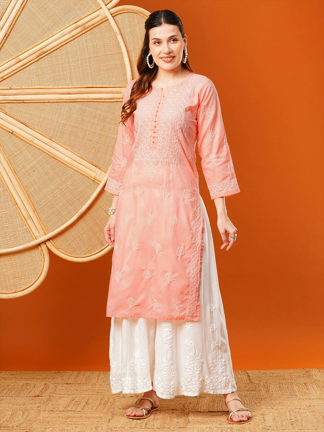 Ada Hand Embroidered Peach cotton Lucknowi Chikankari Straight Kurta A411592