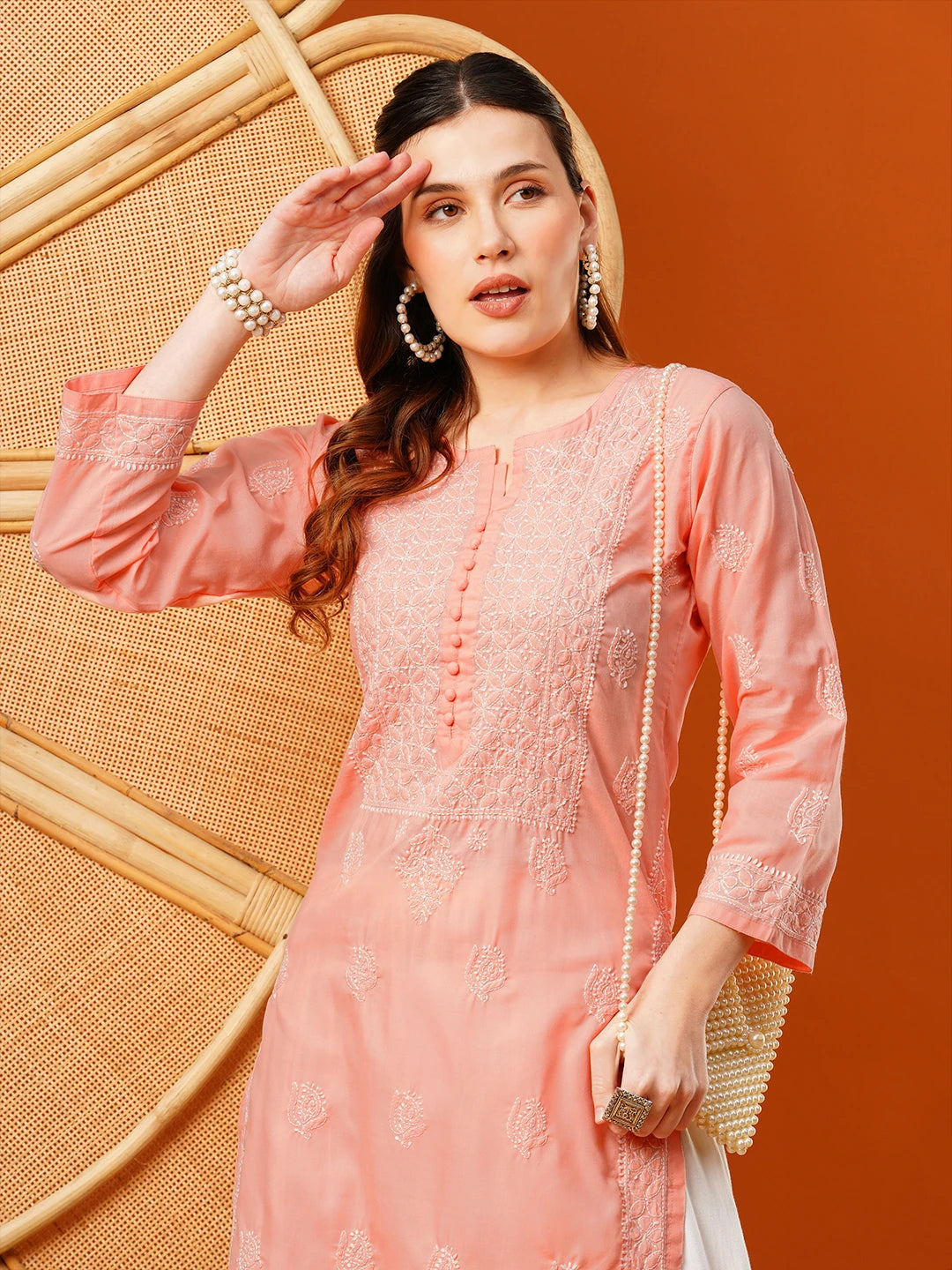 Ada Hand Embroidered Peach cotton Lucknowi Chikankari Straight Kurta A411592