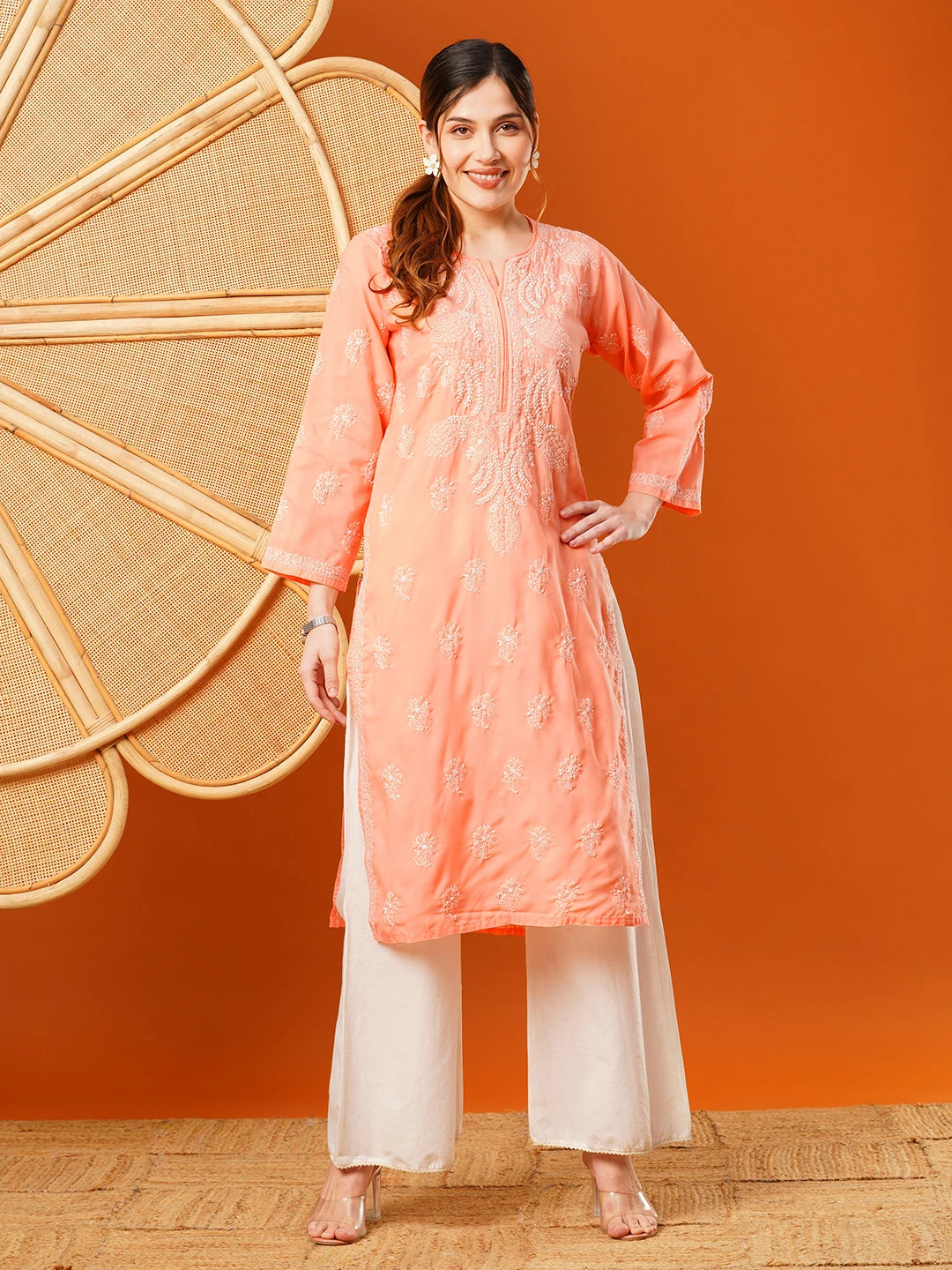 Ada Hand Embroidered Peach Cotton Lucknowi Chikankari Straight Kurta A411607