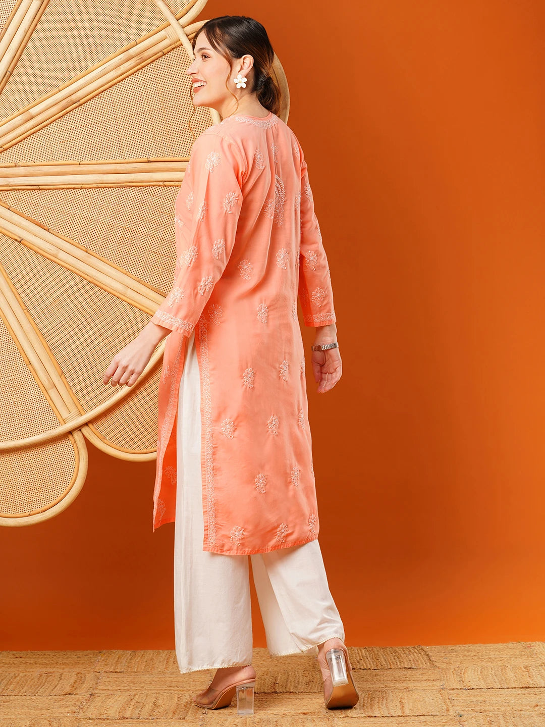 Ada Hand Embroidered Peach Cotton Lucknowi Chikankari Straight Kurta A411607
