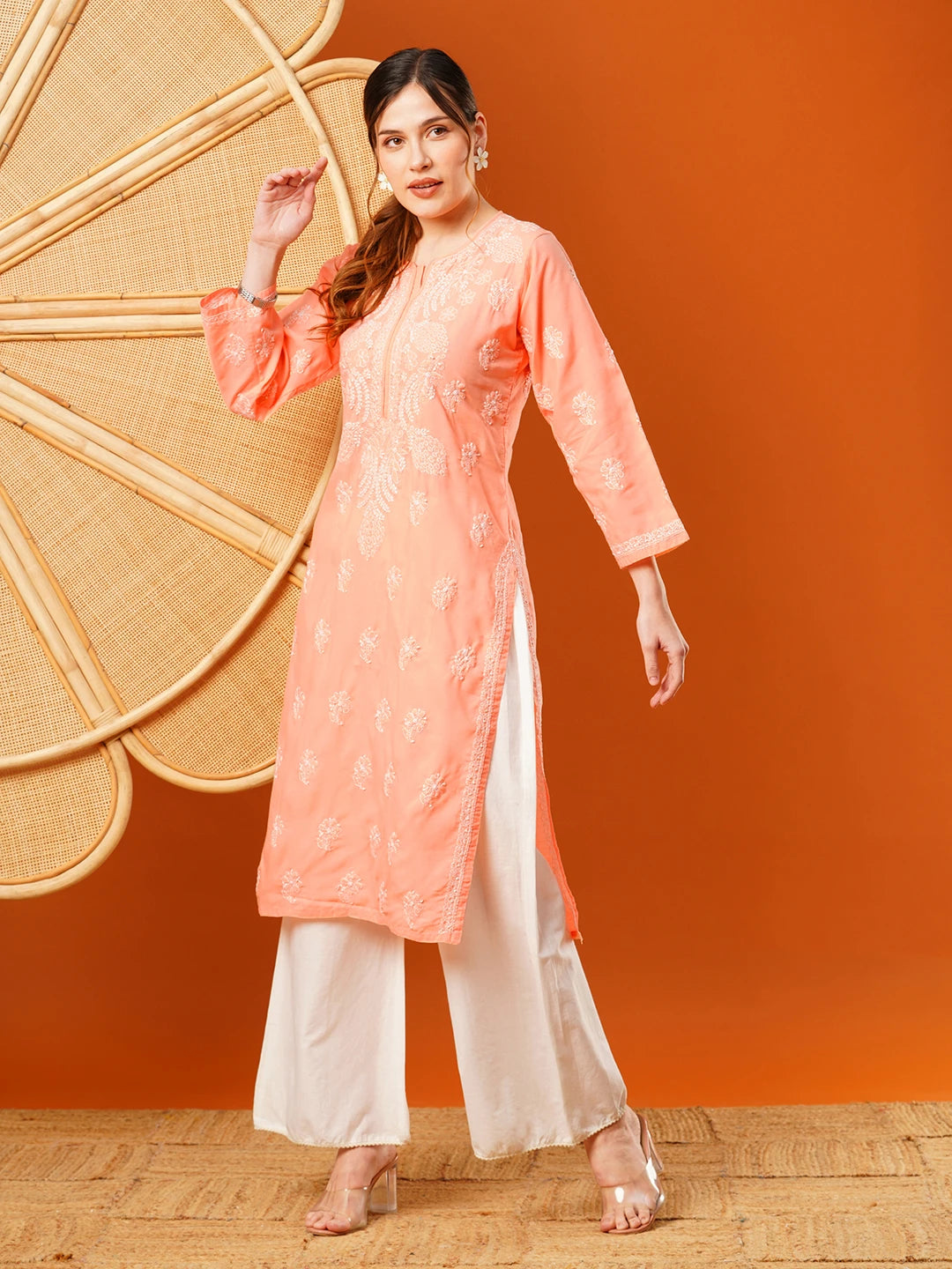 Ada Hand Embroidered Peach Cotton Lucknowi Chikankari Straight Kurta A411607