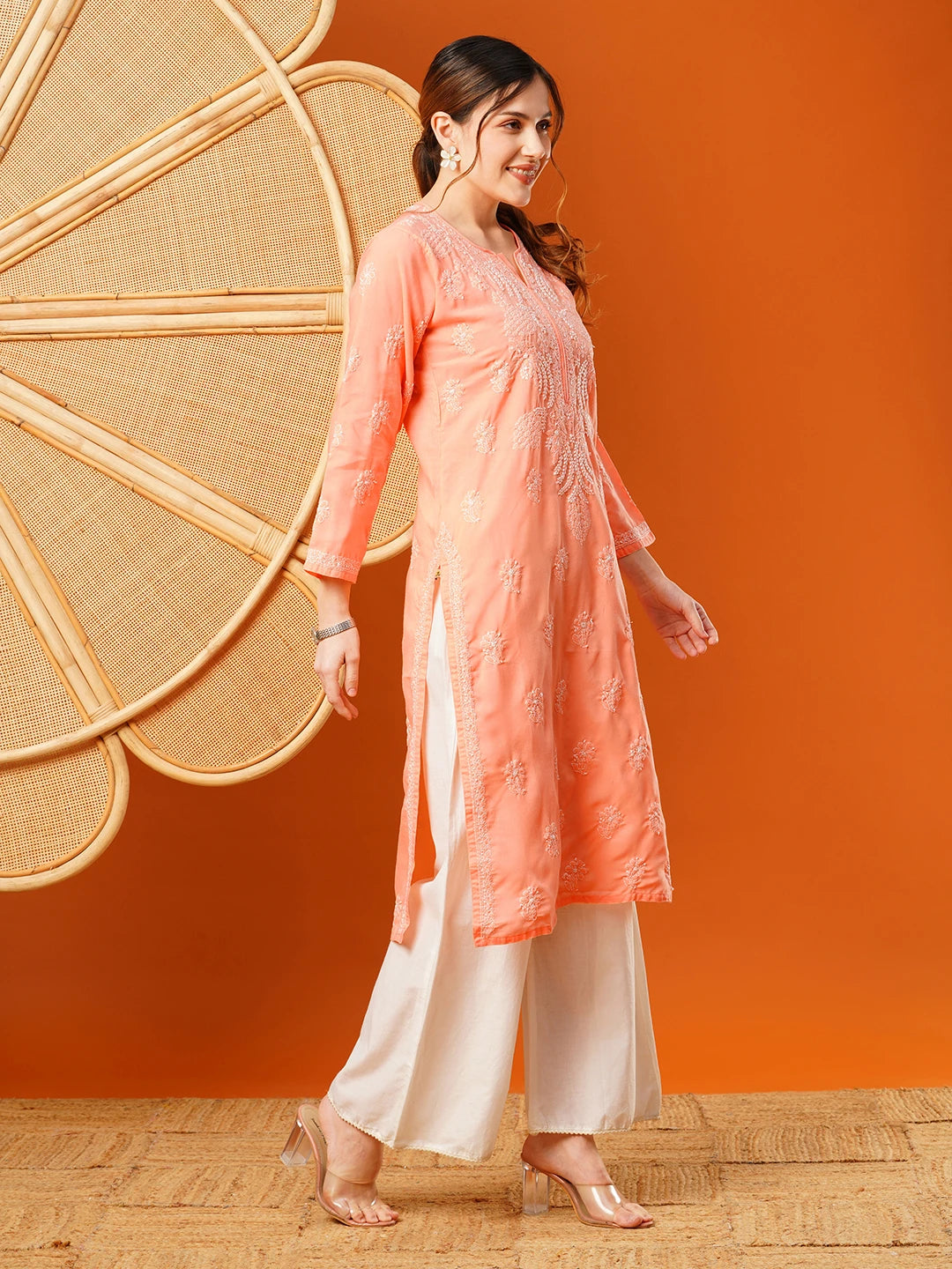 Ada Hand Embroidered Peach Cotton Lucknowi Chikankari Straight Kurta A411607
