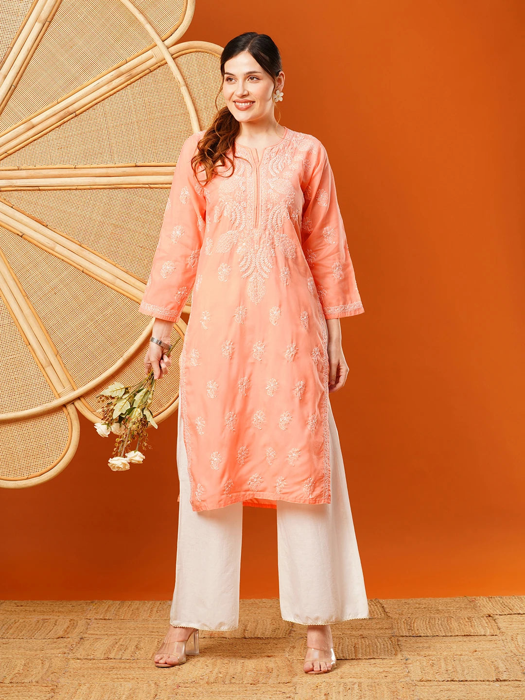 Ada Hand Embroidered Peach Cotton Lucknowi Chikankari Straight Kurta A411607