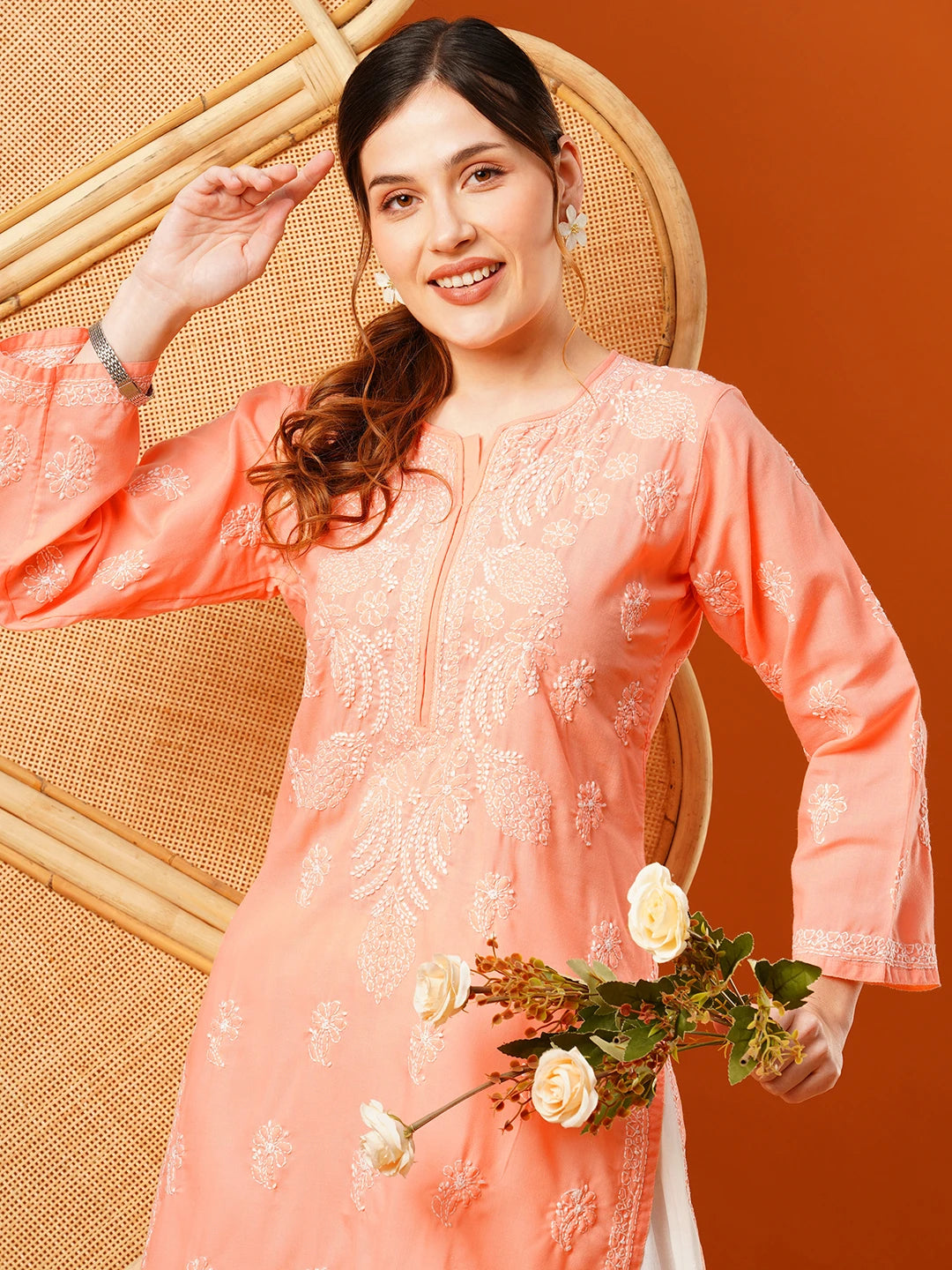 Ada Hand Embroidered Peach Cotton Lucknowi Chikankari Straight Kurta A411607