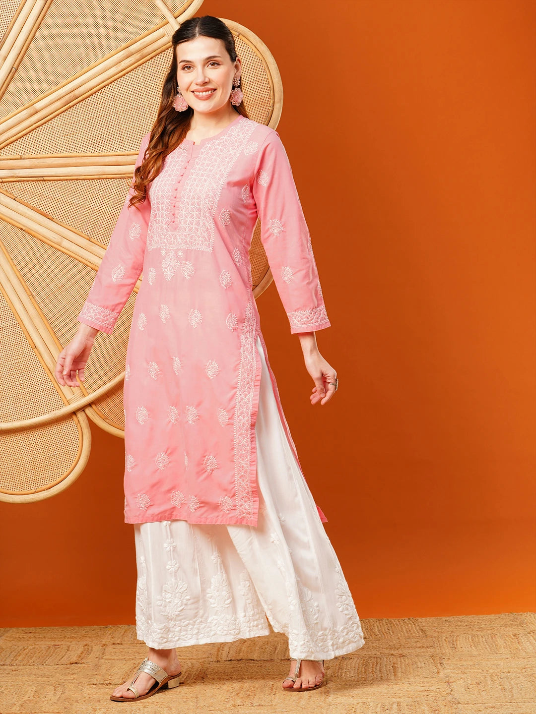 Ada Hand Embroidered Salmon Peach cotton Lucknowi Chikankari Straight Kurta A411595