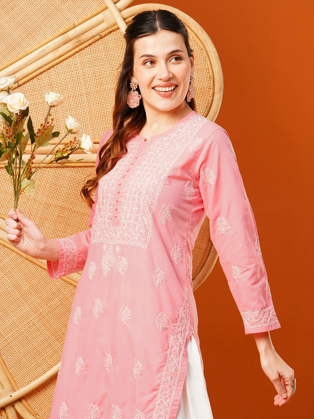 Ada Hand Embroidered Salmon Peach cotton Lucknowi Chikankari Straight Kurta A411595