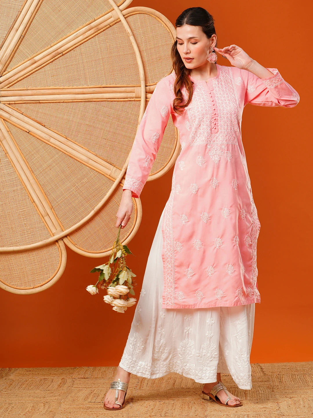 Ada Hand Embroidered Salmon Peach cotton Lucknowi Chikankari Straight Kurta A411595