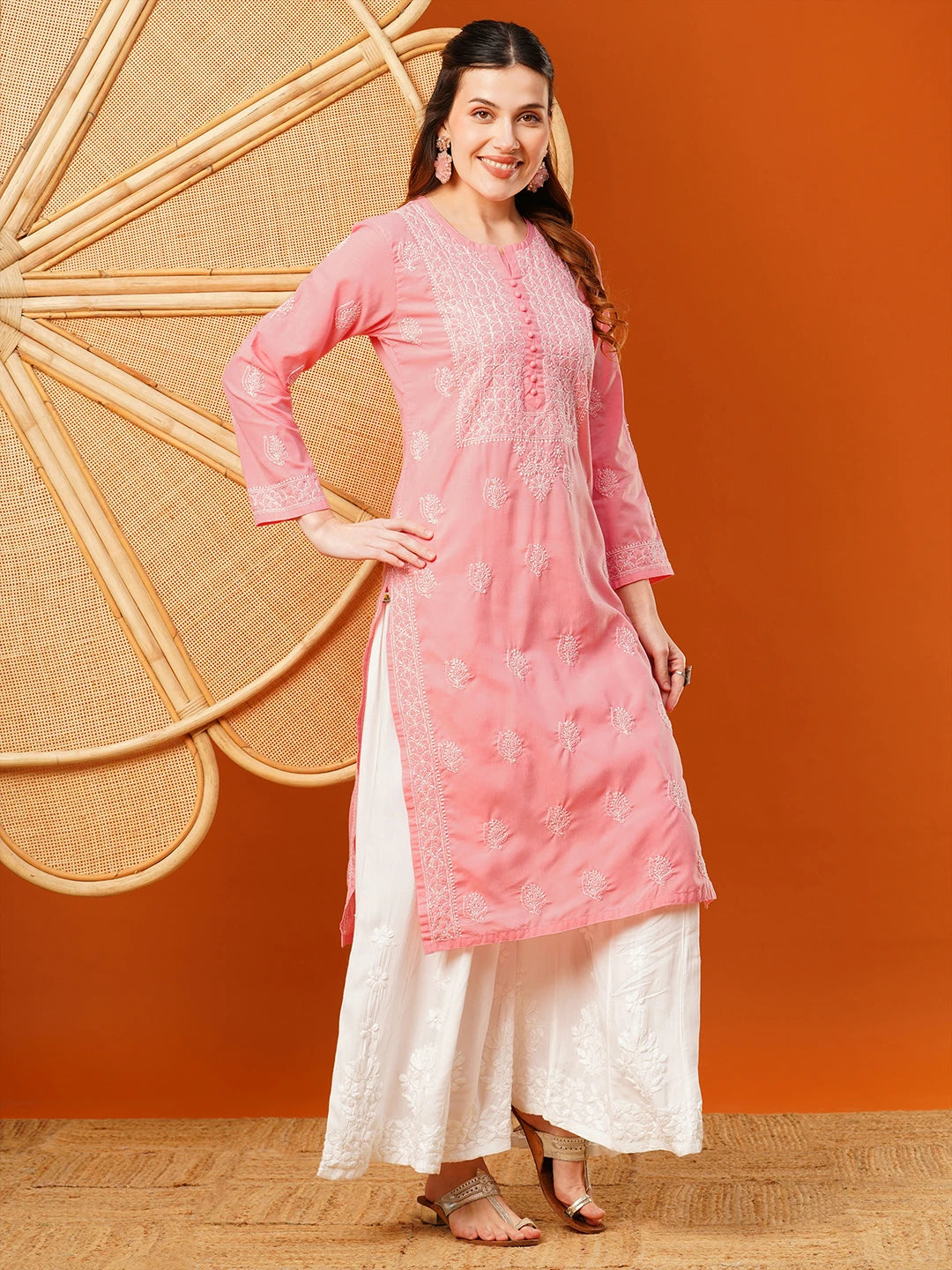 Ada Hand Embroidered Salmon Peach cotton Lucknowi Chikankari Straight Kurta A411595
