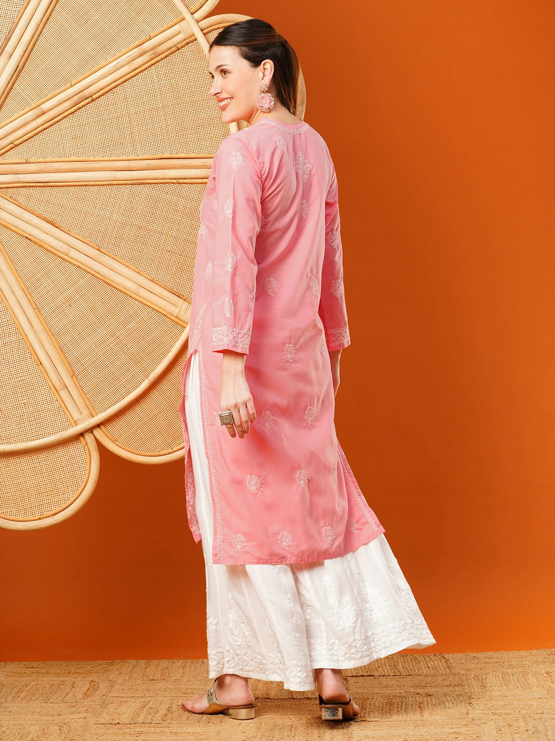 Ada Hand Embroidered Salmon Peach cotton Lucknowi Chikankari Straight Kurta A411595