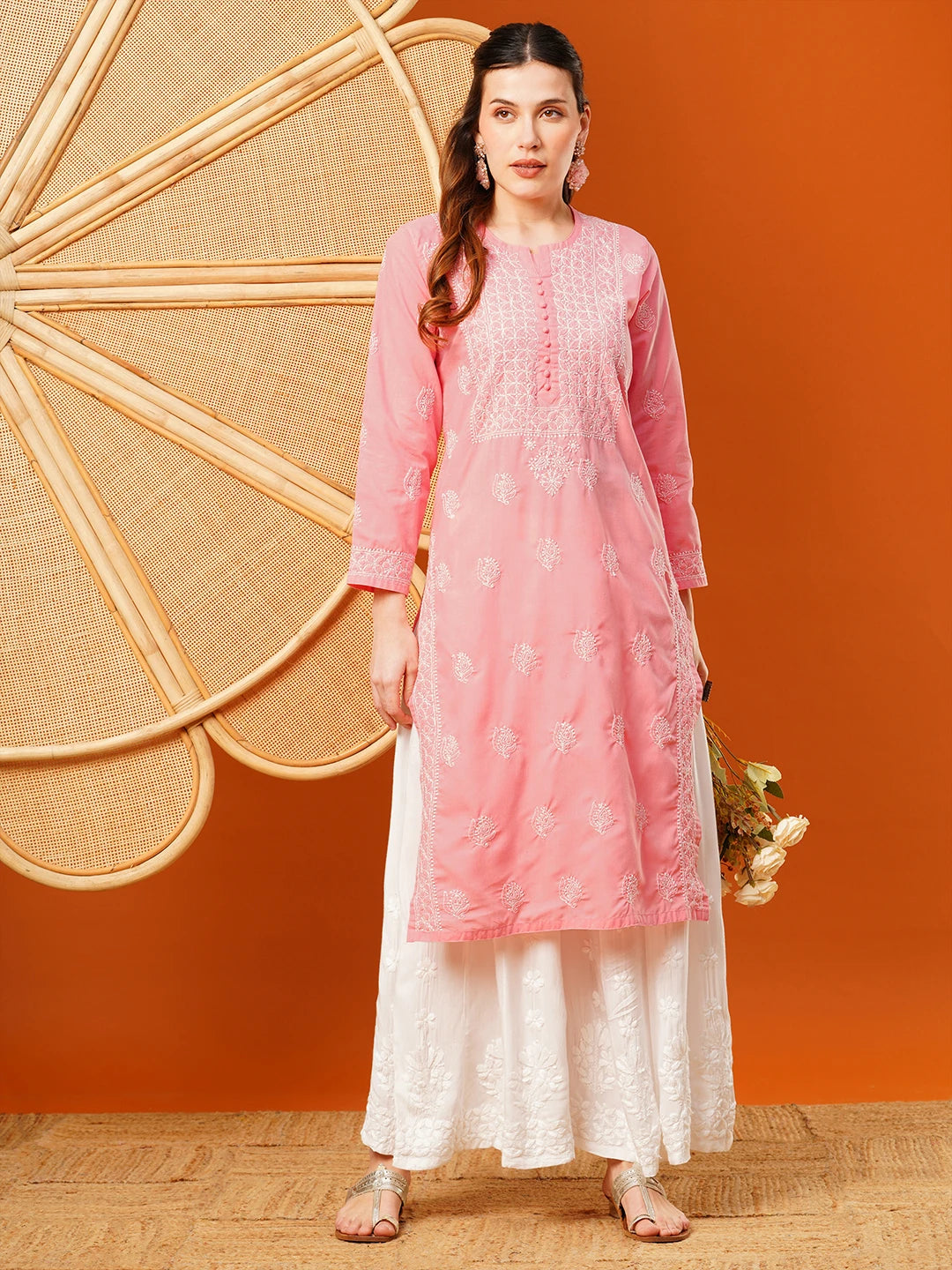 Ada Hand Embroidered Salmon Peach cotton Lucknowi Chikankari Straight Kurta A411595
