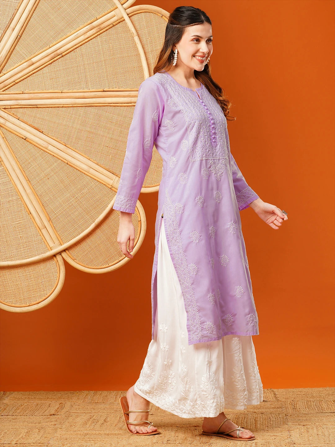 Ada Hand Embroidered Lavender Cotton Lucknowi Chikankari Straight Kurta A411597