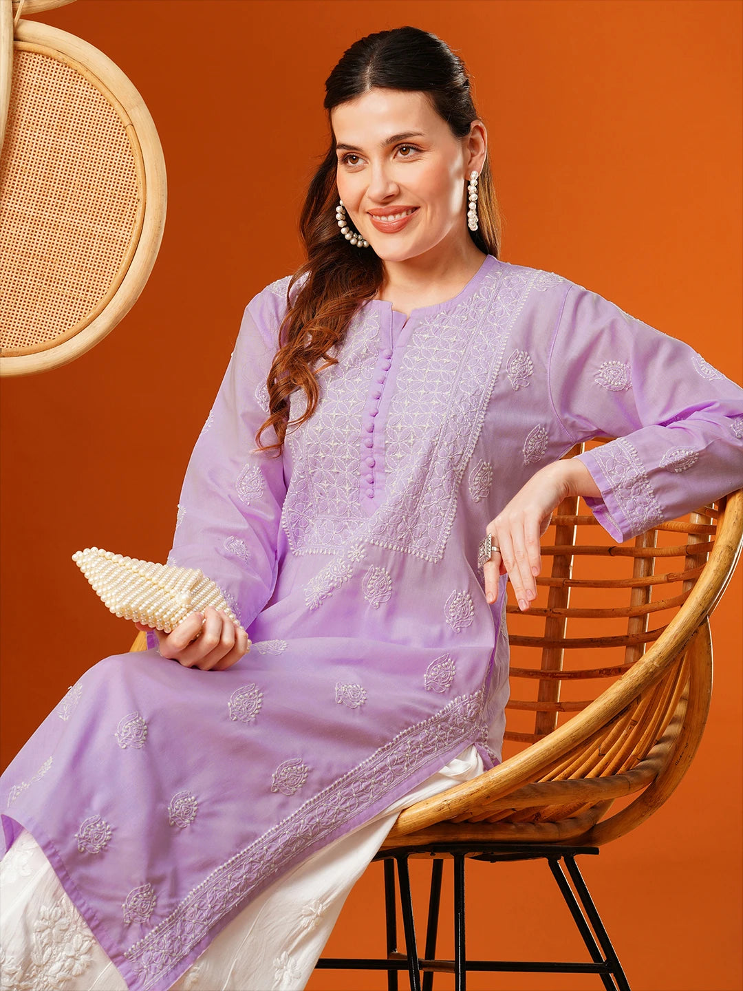 Ada Hand Embroidered Lavender Cotton Lucknowi Chikankari Straight Kurta A411597
