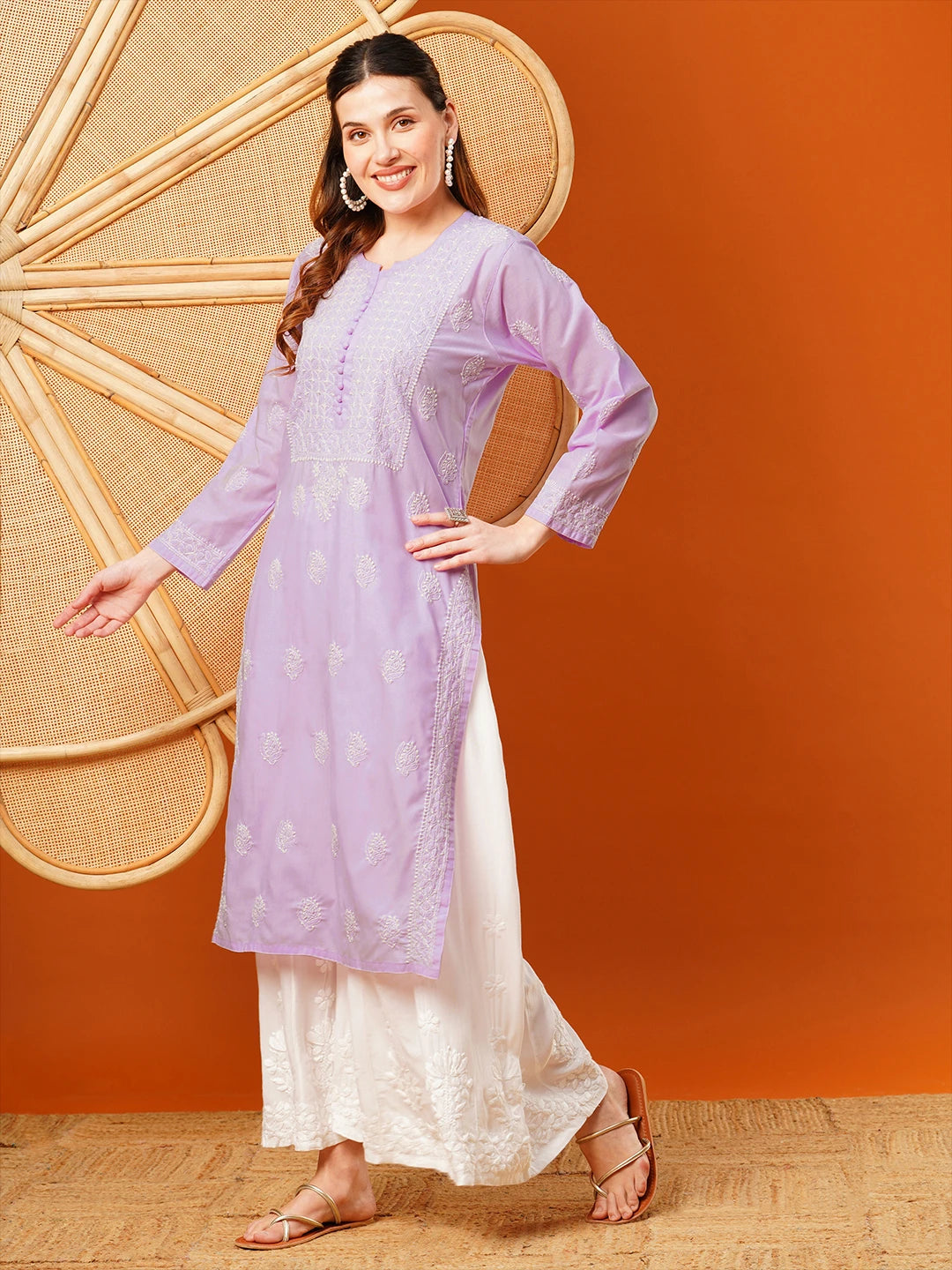 Ada Hand Embroidered Lavender Cotton Lucknowi Chikankari Straight Kurta A411597