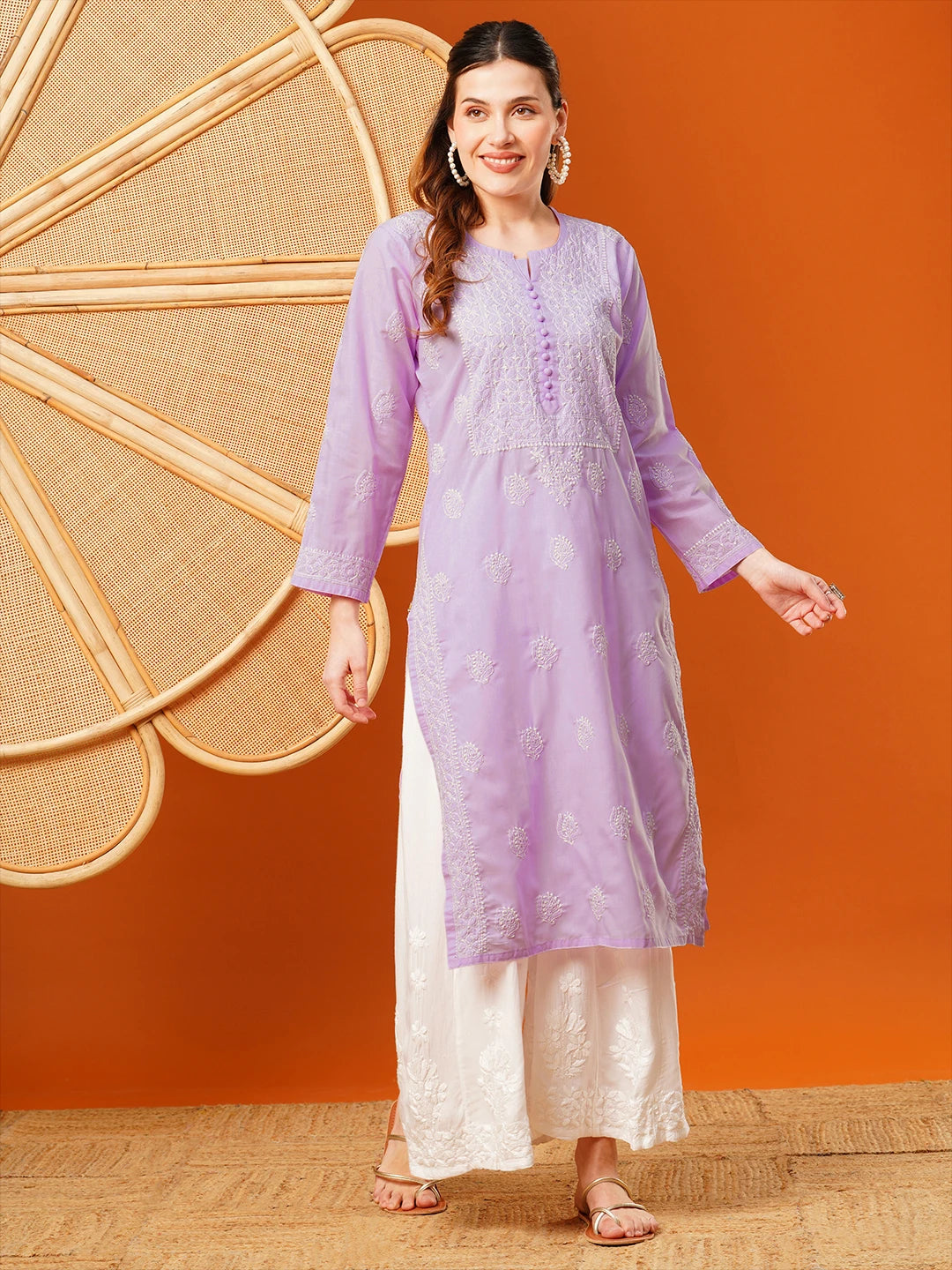 Ada Hand Embroidered Lavender Cotton Lucknowi Chikankari Straight Kurta A411597