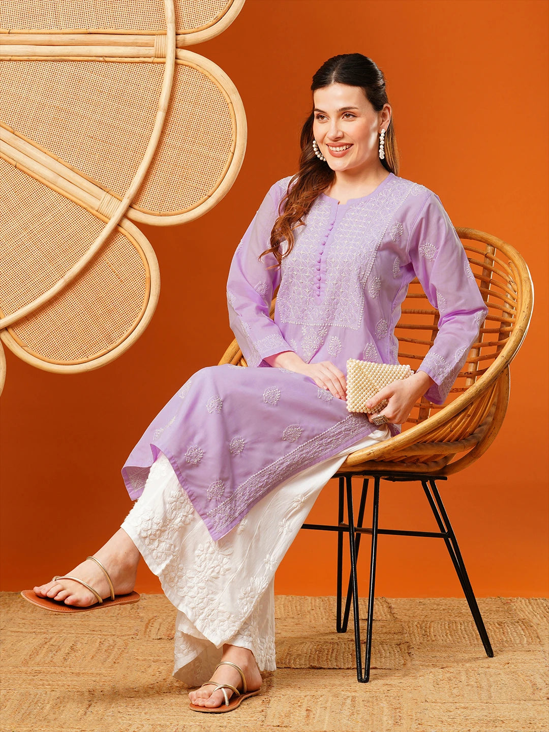 Ada Hand Embroidered Lavender Cotton Lucknowi Chikankari Straight Kurta A411597