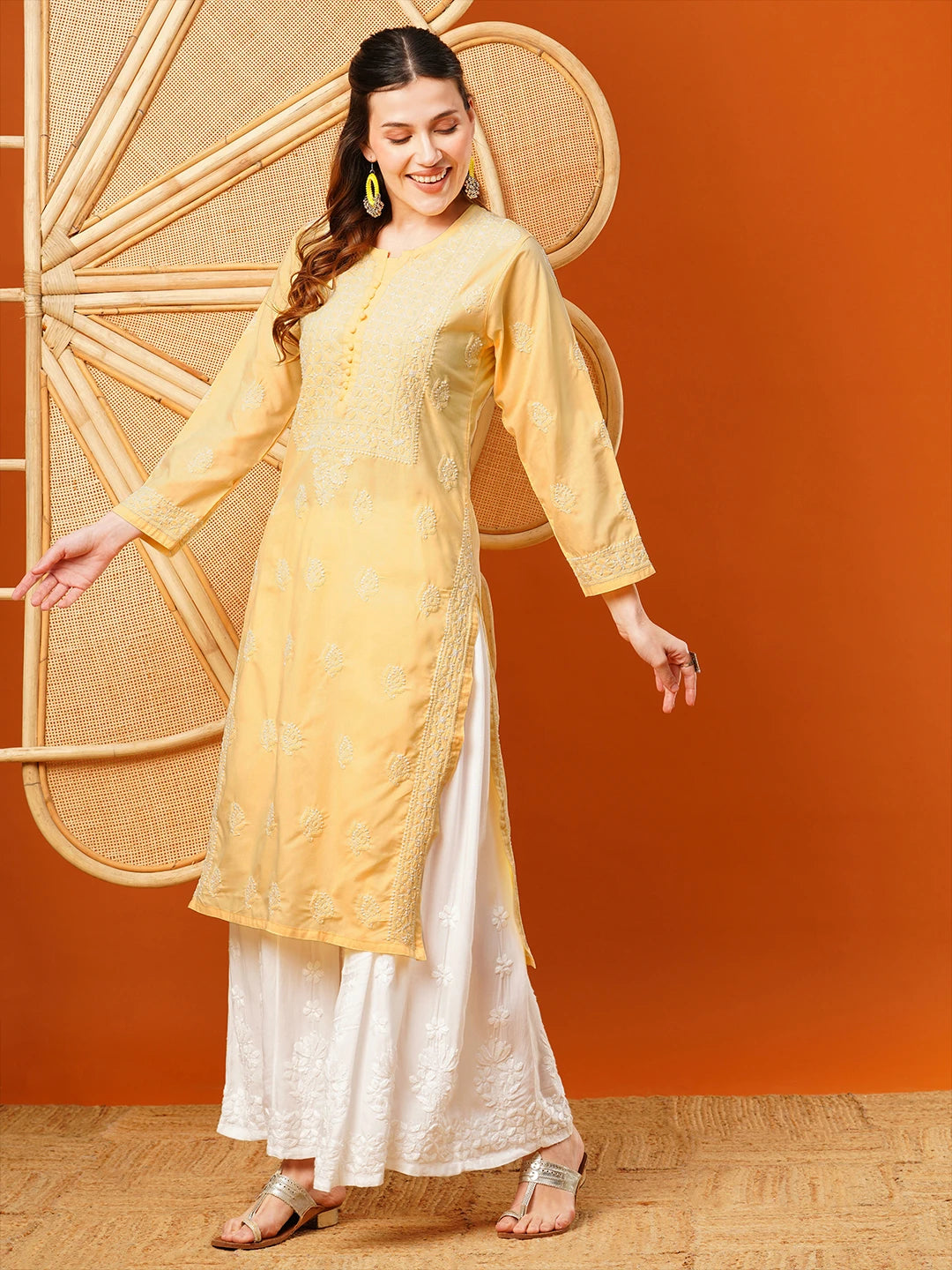 Ada Hand Embroidered Yellow Cotton Lucknowi Chikankari Straight Kurta A411599