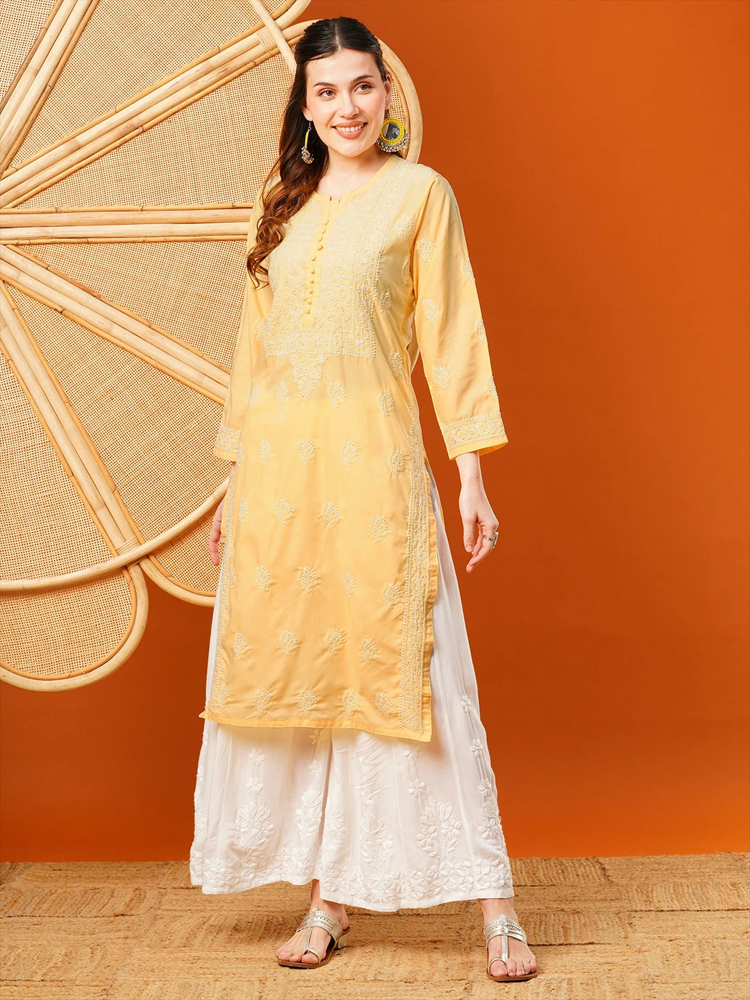 Ada Hand Embroidered Yellow Cotton Lucknowi Chikankari Straight Kurta A411599