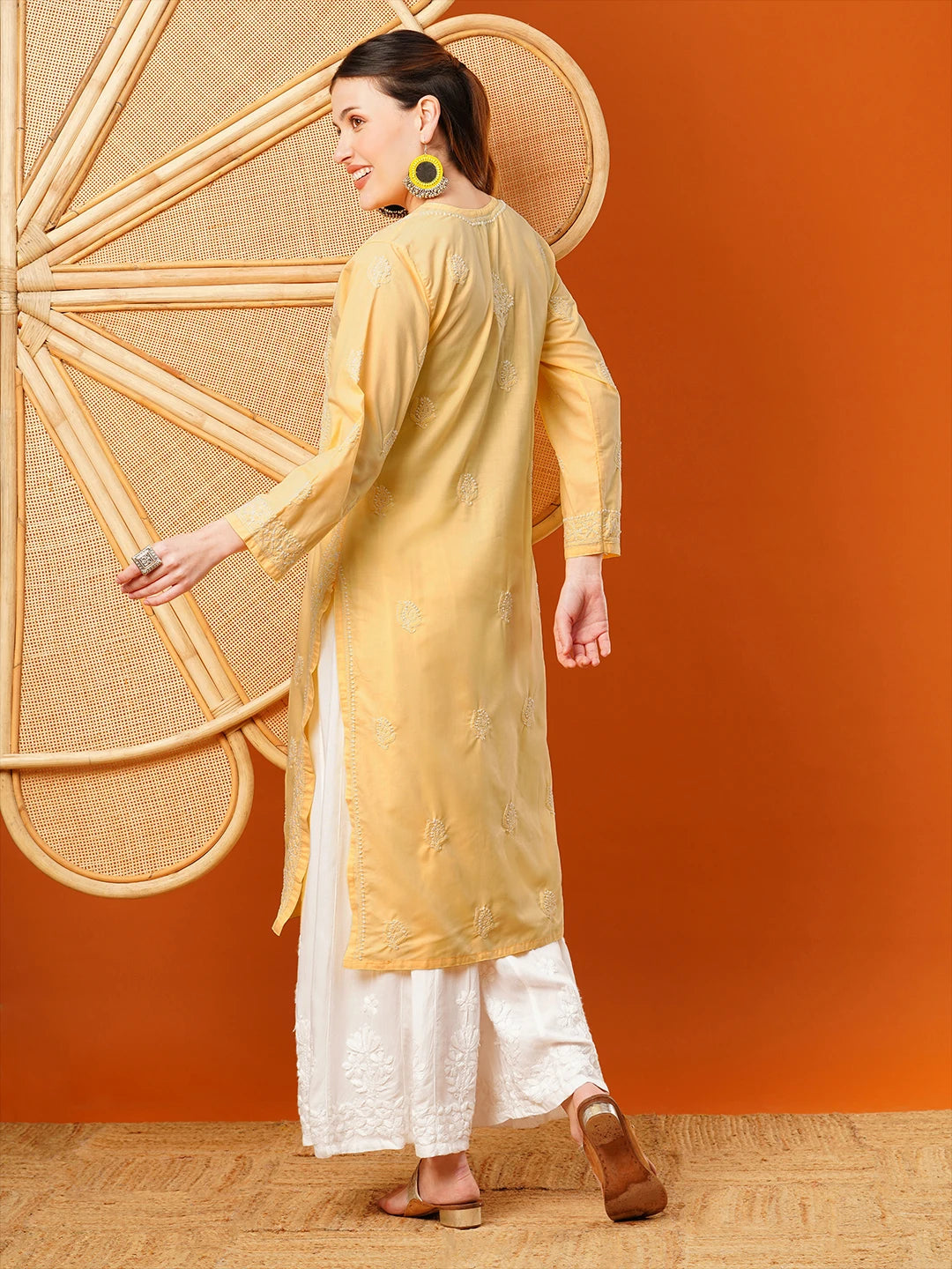 Ada Hand Embroidered Yellow Cotton Lucknowi Chikankari Straight Kurta A411599