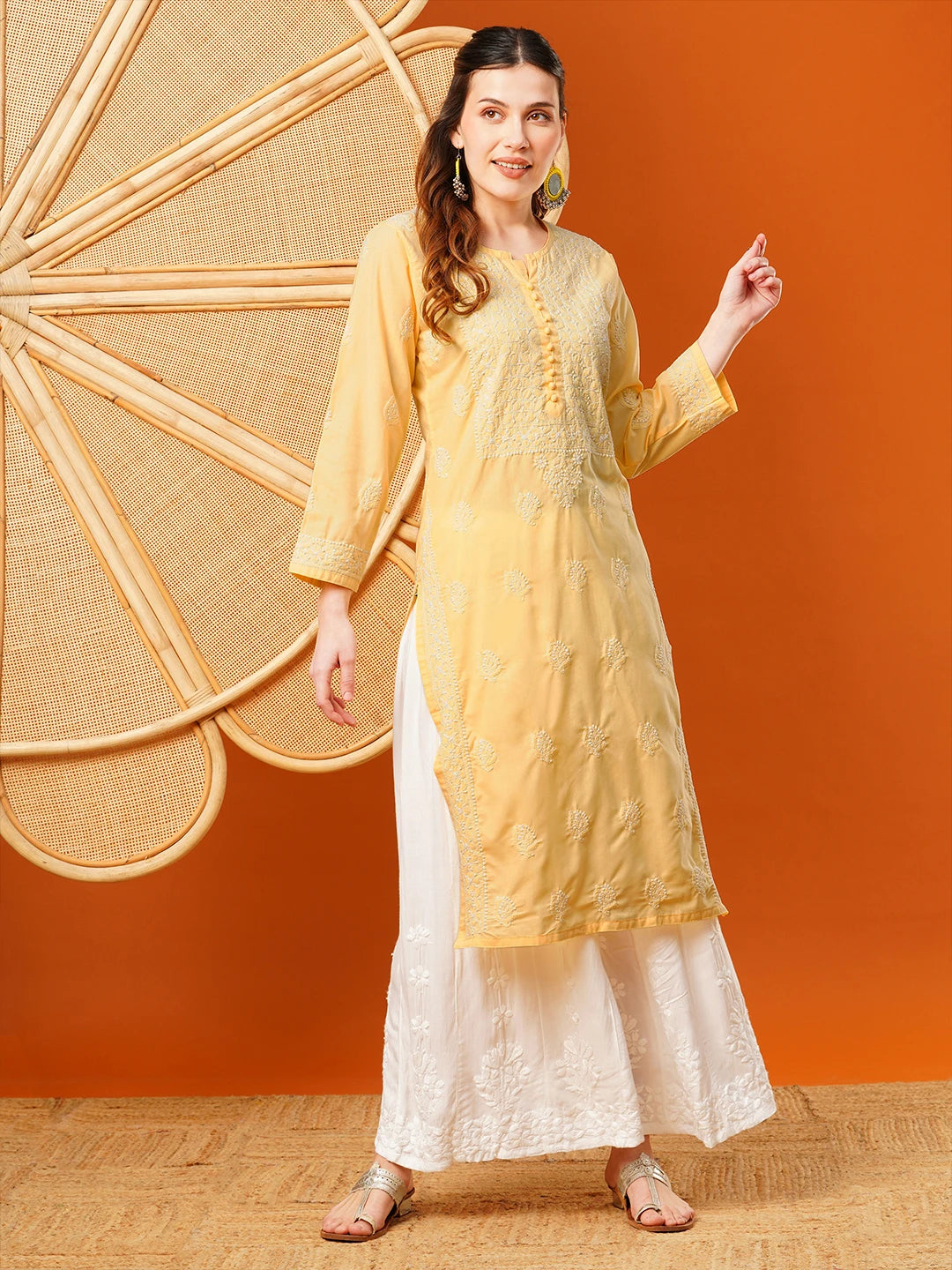 Ada Hand Embroidered Yellow Cotton Lucknowi Chikankari Straight Kurta A411599