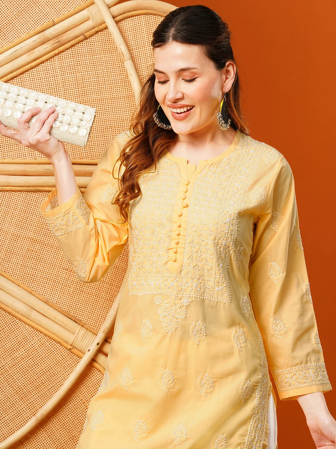 Ada Hand Embroidered Yellow Cotton Lucknowi Chikankari Straight Kurta A411599