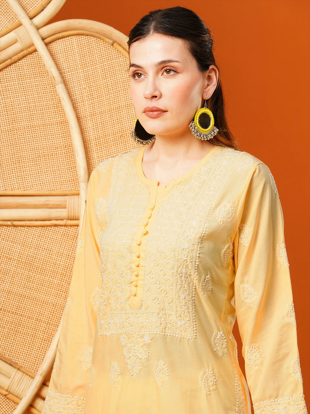 Ada Hand Embroidered Yellow Cotton Lucknowi Chikankari Straight Kurta A411599
