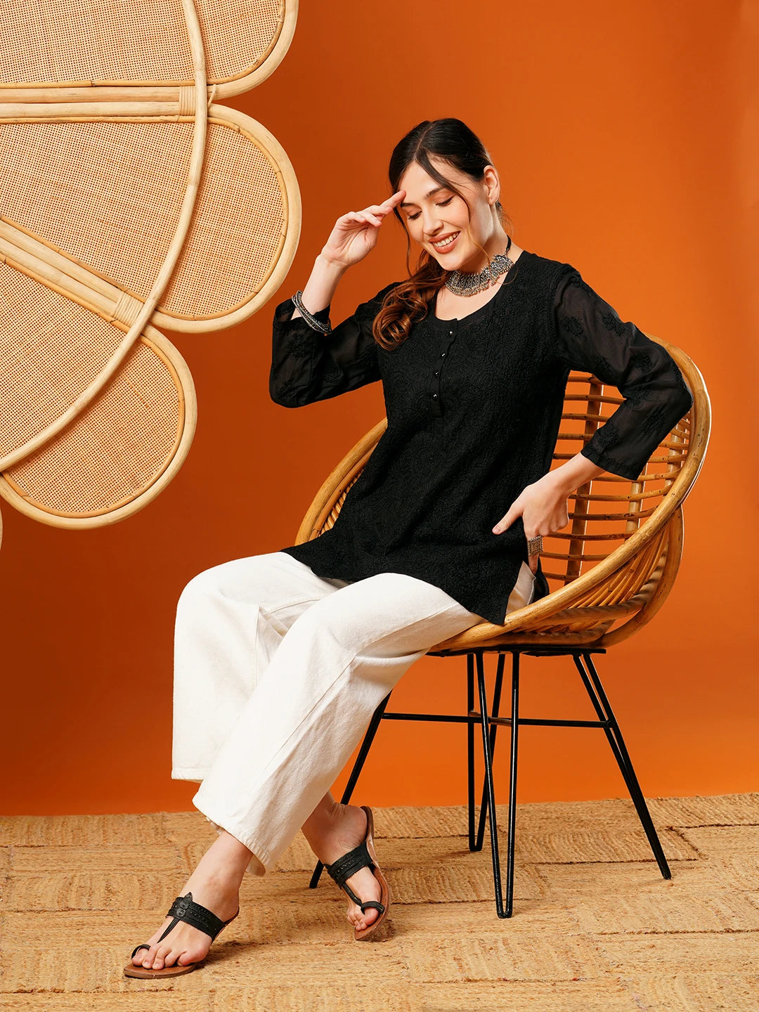 Ada Hand Embroidered Black Cotton Lucknowi Chikankari Short Kurti A911394