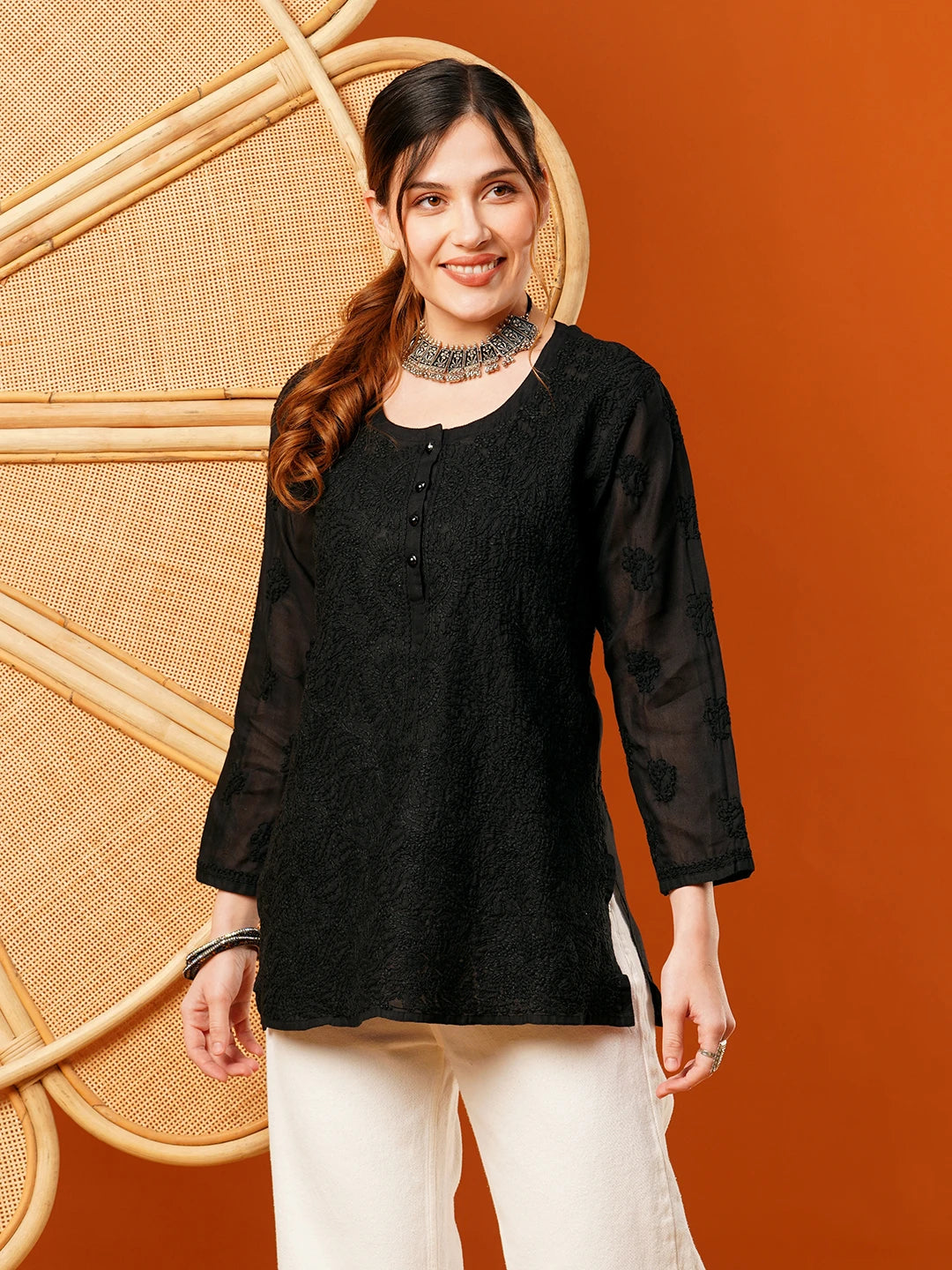 Ada Hand Embroidered Black Cotton Lucknowi Chikankari Short Kurti A911394