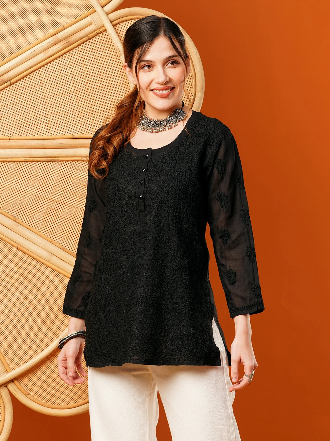 Ada Hand Embroidered Black Cotton Lucknowi Chikankari Short Kurti A911394