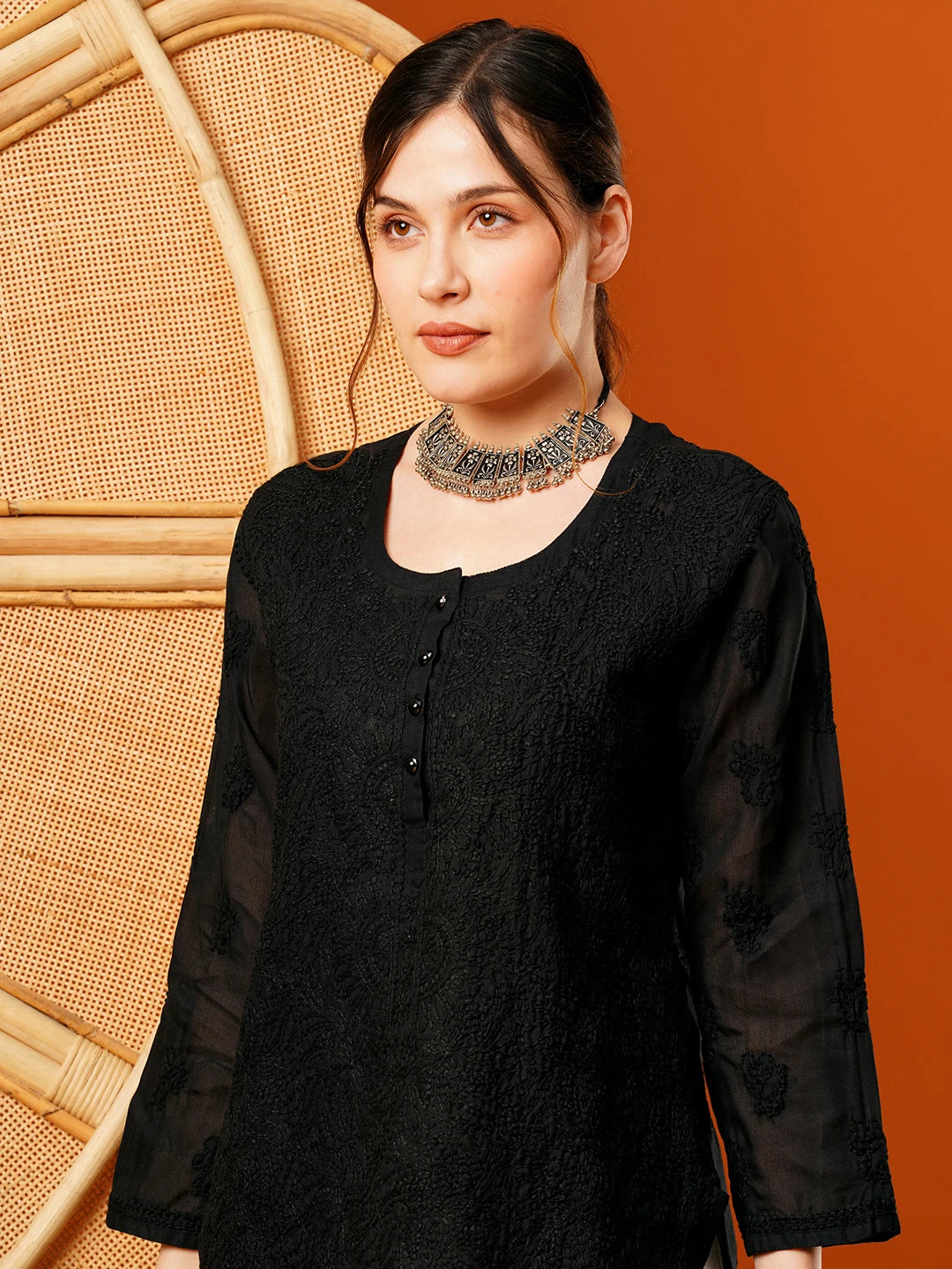 Ada Hand Embroidered Black Cotton Lucknowi Chikankari Short Kurti A911394