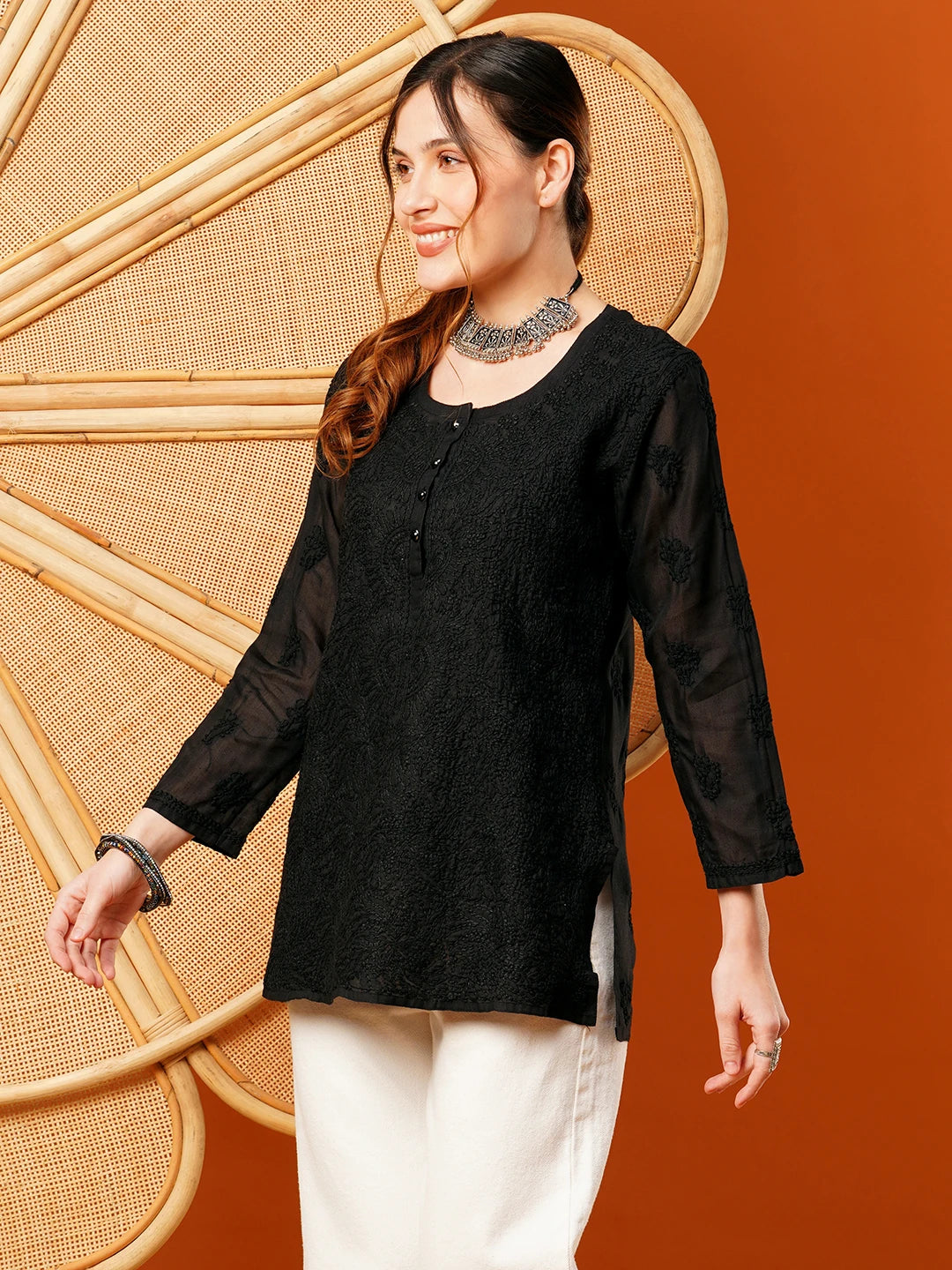 Ada Hand Embroidered Black Cotton Lucknowi Chikankari Short Kurti A911394