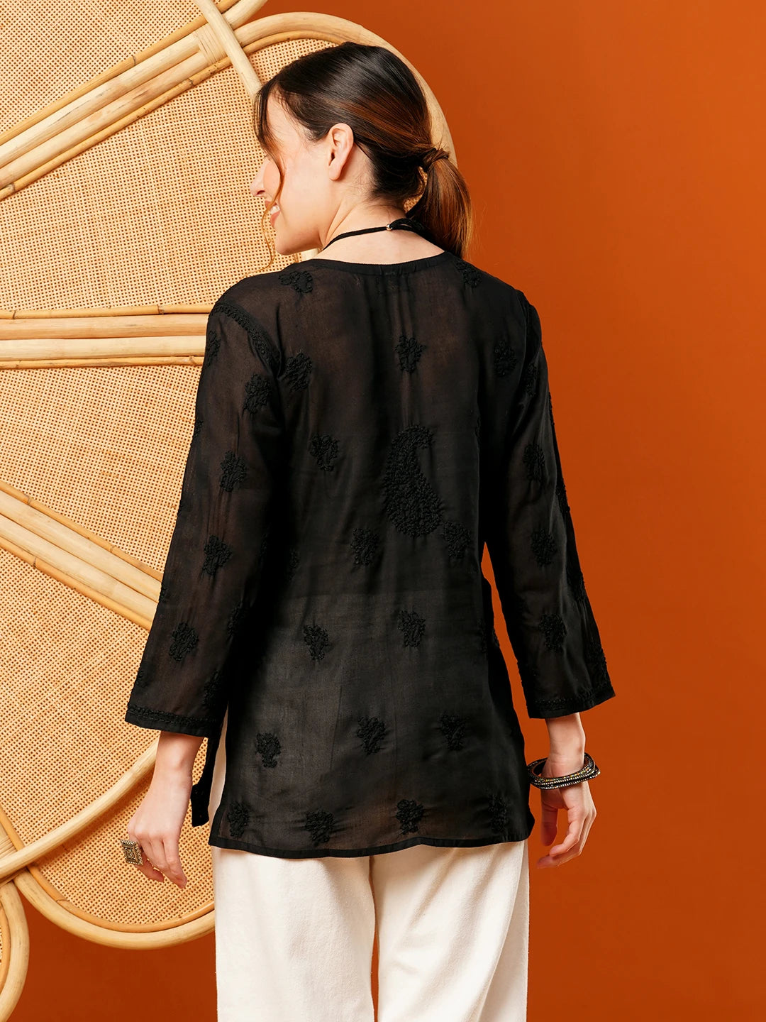 Ada Hand Embroidered Black Cotton Lucknowi Chikankari Short Kurti A911394
