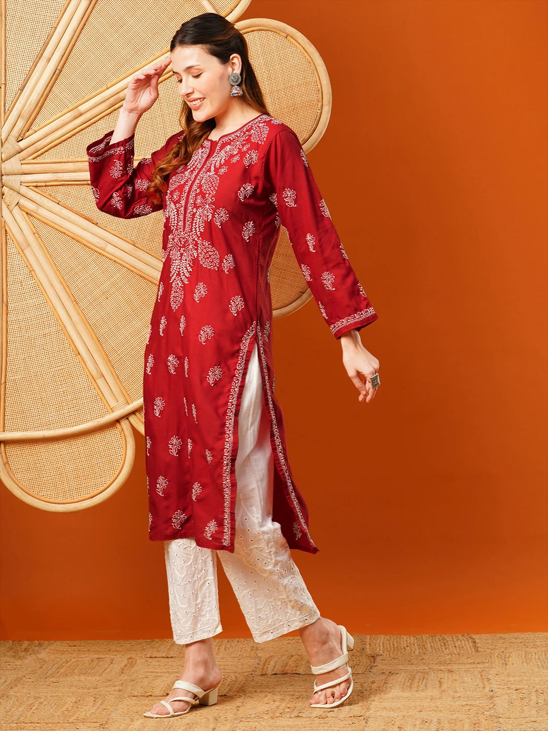 Ada Hand Embroidered Maroon Cotton Lucknowi Chikankari Straight Kurta A411608