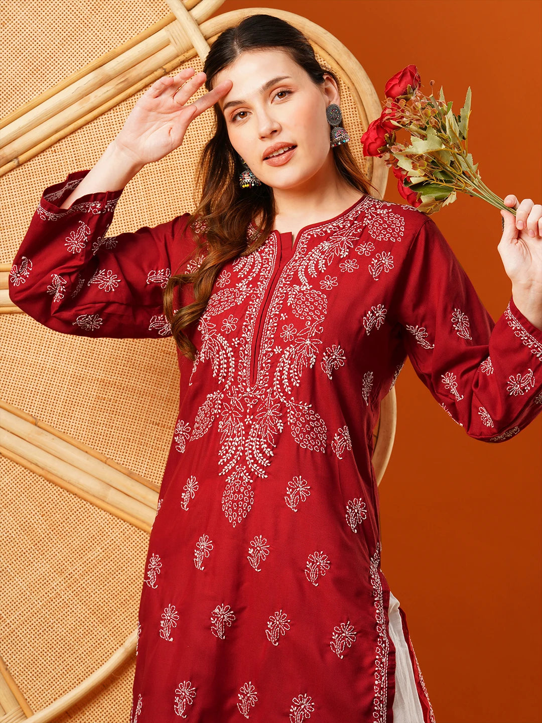 Ada Hand Embroidered Maroon Cotton Lucknowi Chikankari Straight Kurta A411608