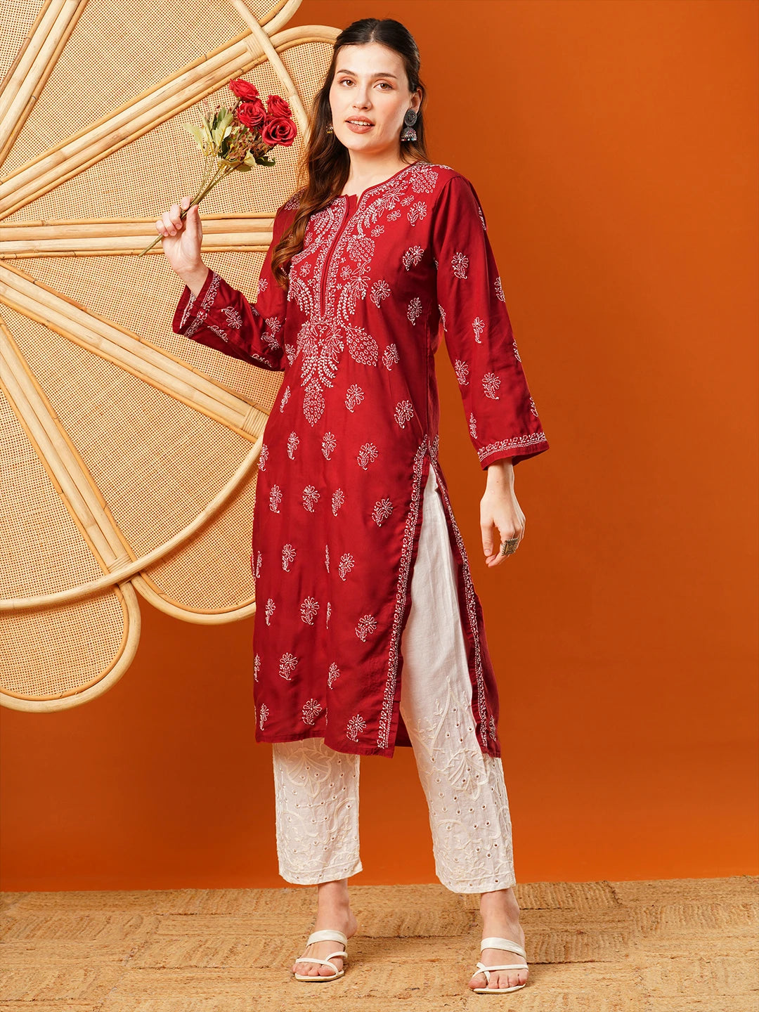 Ada Hand Embroidered Maroon Cotton Lucknowi Chikankari Straight Kurta A411608